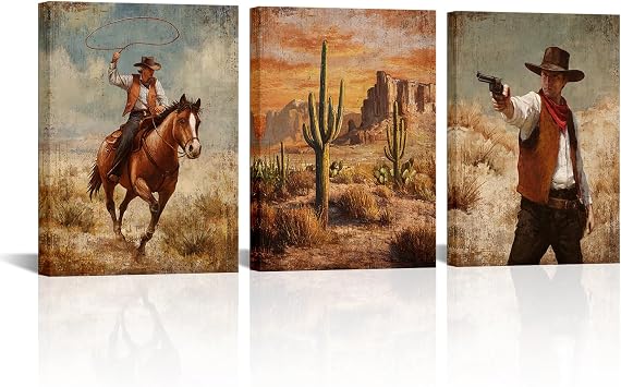 Zlove 3 Pieces Vintage Western Cowboy Wall Art 12x16 Inches