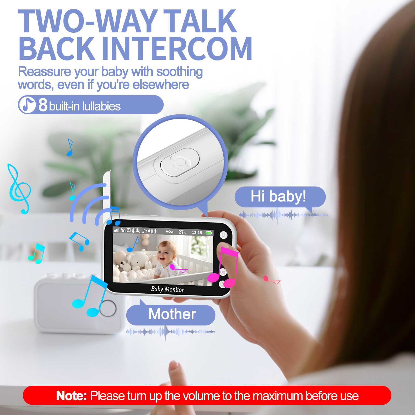OBVHNUA Baby Monitor, 4.3 Pollici 720P Display, Zoom Digitale VOX Audio Bidirezionale Rilevamento Temperatura