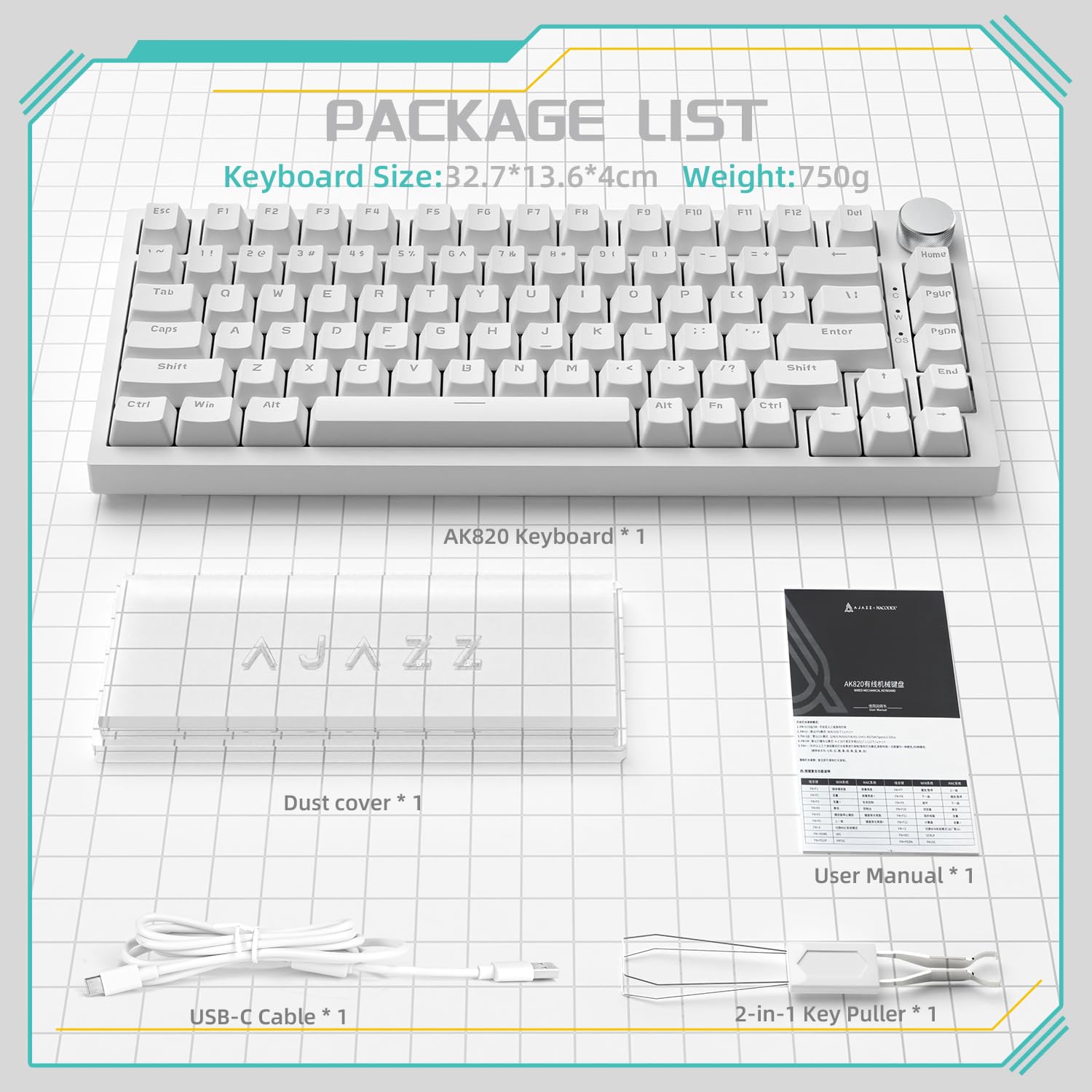 YINDIAO Ajazz AK820 Teclado Mecánico con Perilla,Diseño 75% ANSI,82 Teclas,Teclado para Juegos con Cable,5 Espumas Absorbentes de Sonido,Hot-Swap,Interruptor Azul,Luz Azul Hielo,para PC,Mac (Blanco) — view 9