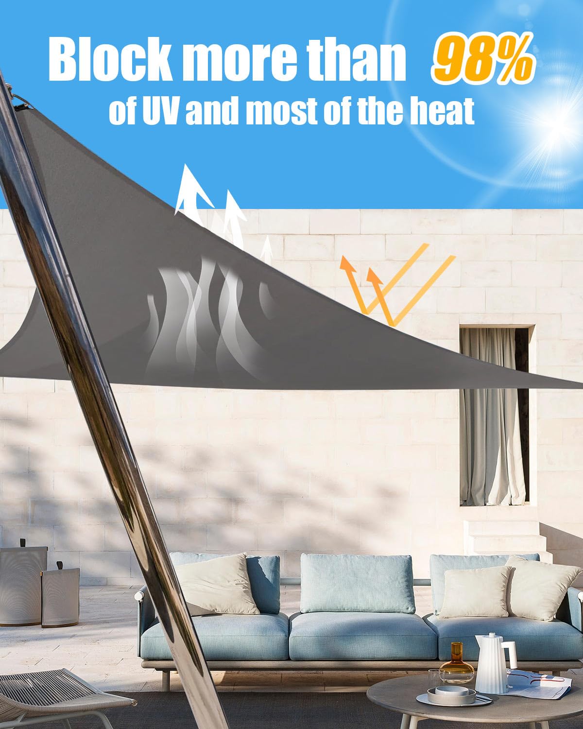 Voile d'ombrage triangulaire imperméable, 3 x 4 x 5 m, en polyéthylène téréphtalate, bloque 98 % des rayons UV, avec corde, pour extérieur, terrasse, fête avec accessoires d'installation, voile