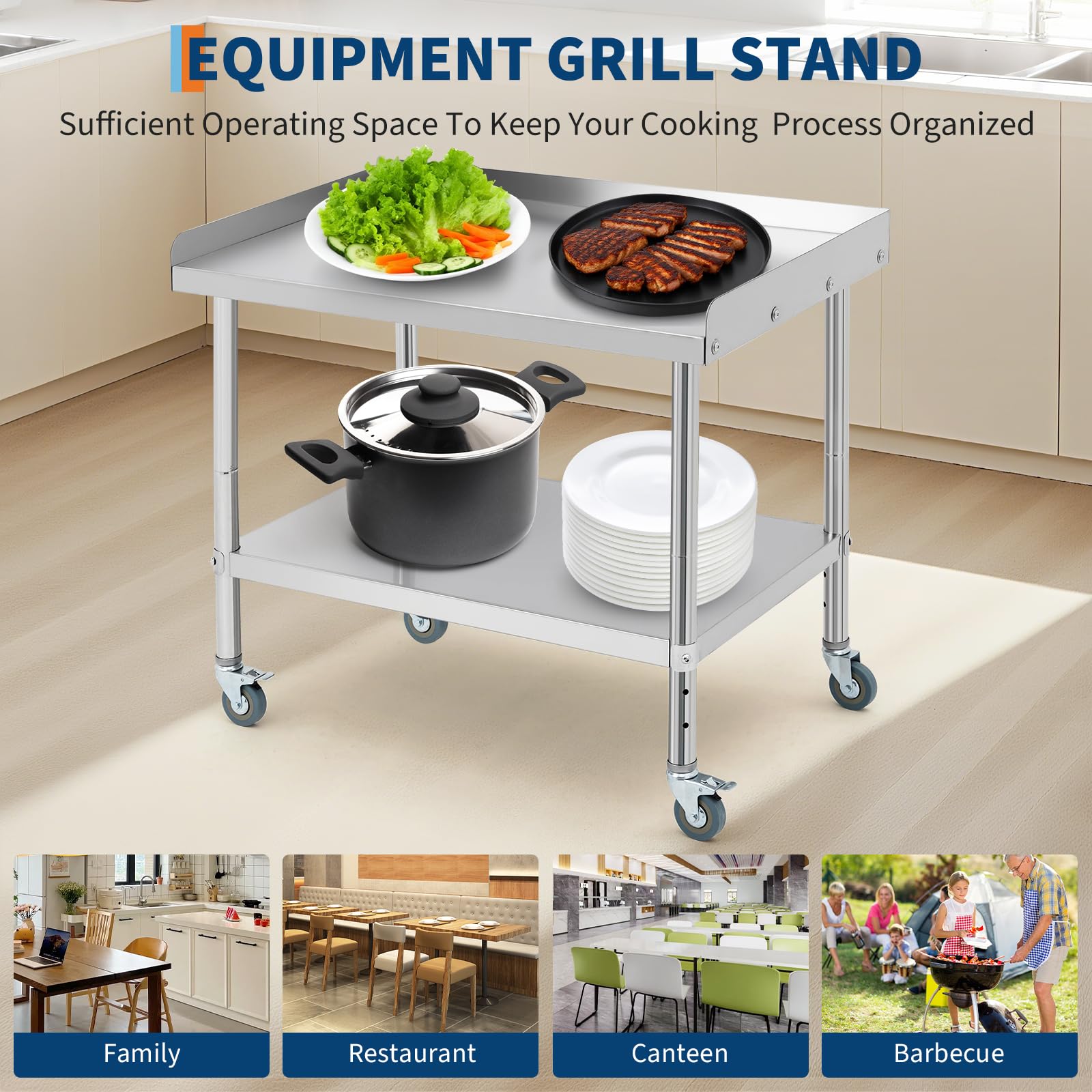 Tavolo carrello barbecue in acciaio inox certificato NSF - Ruote robuste, paraspruzzi rimovibile, altezza regolabile, uso multifunzione - Portata 400 kg - Per cucina, ristorante, garage