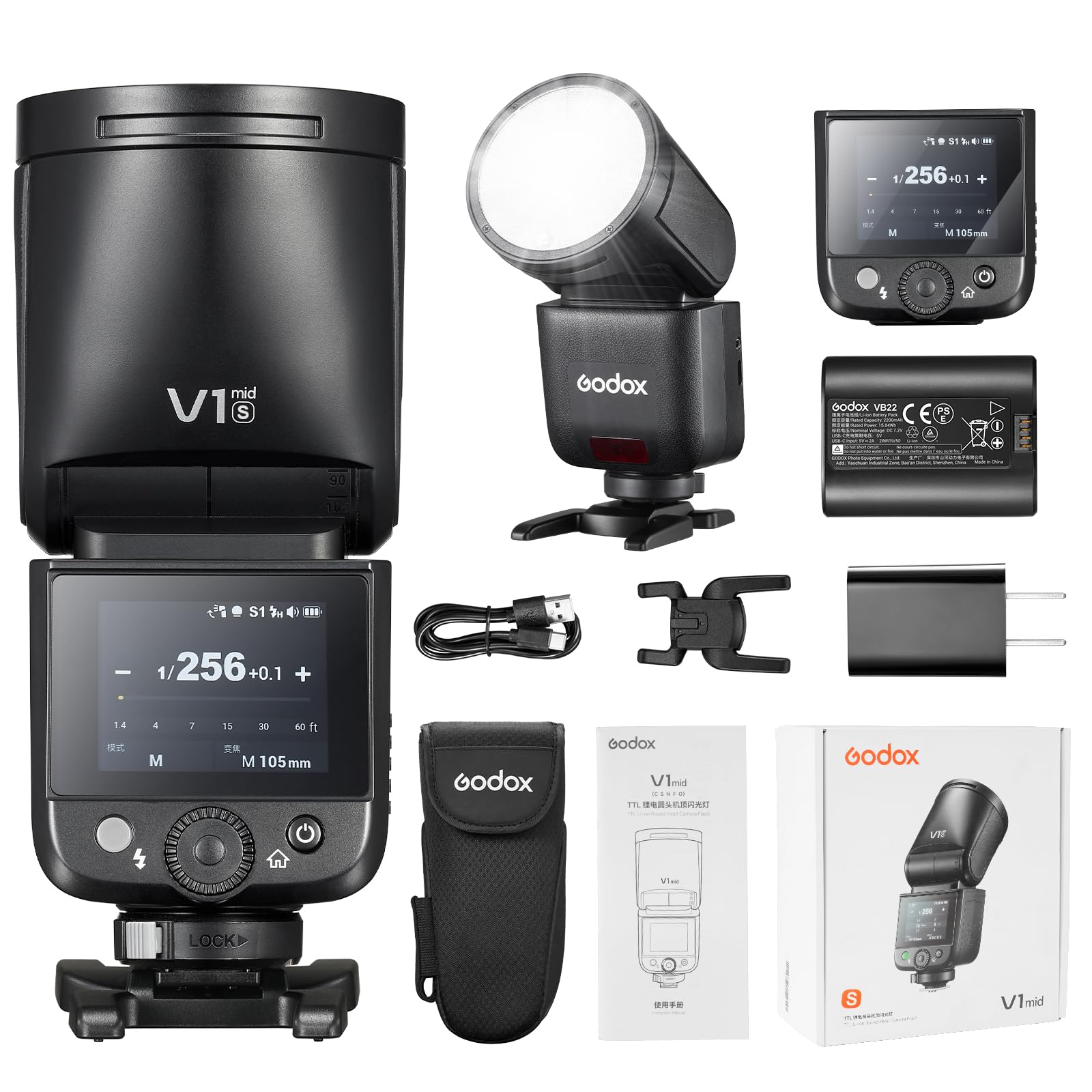 Godox V1 Mid S Flash Speedlite, V1mid-S 55Ws TTL High-Speed Rundkopf Speedlight 1,7s Ladezeit für Fotografie (V1 mid für Sony)