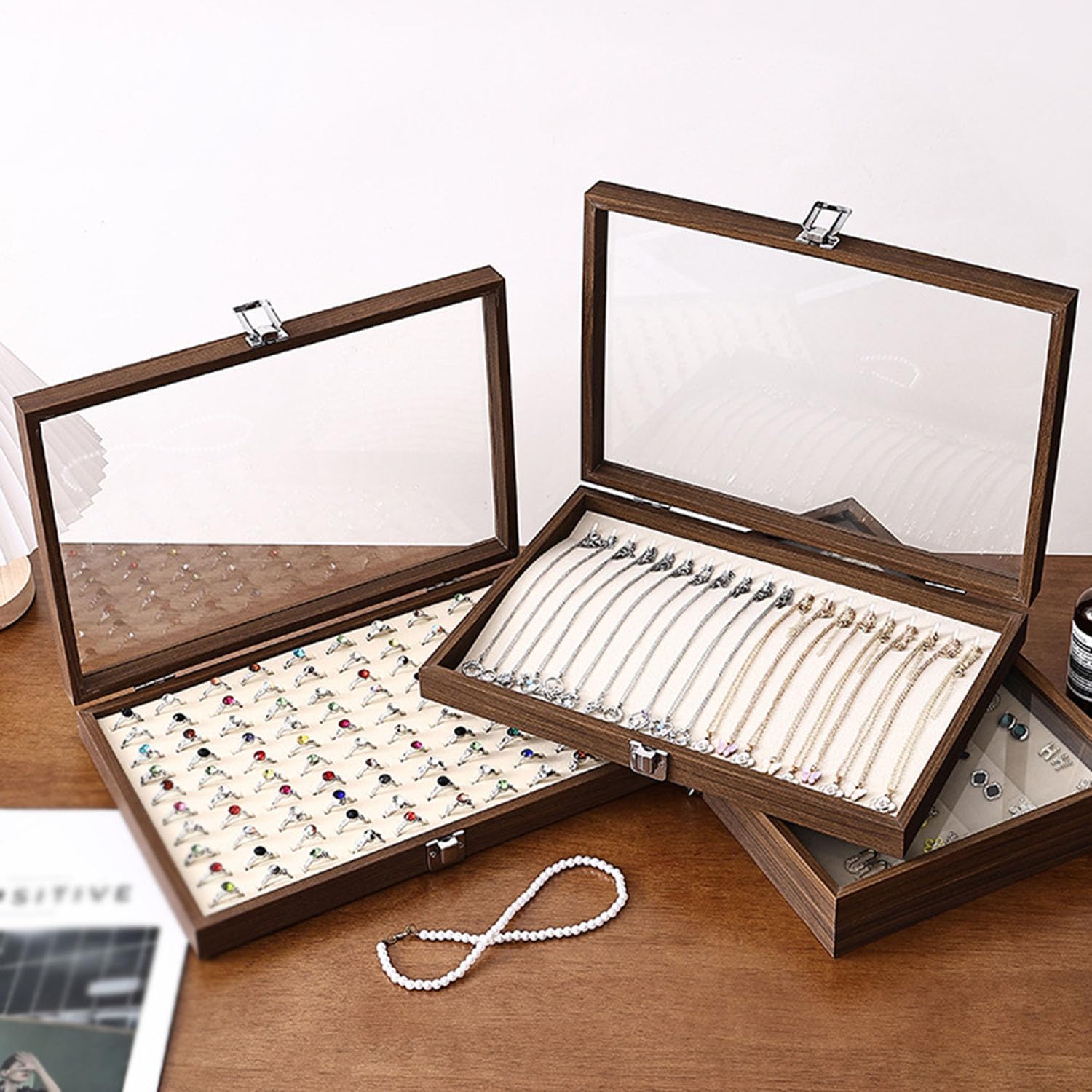 Scatola portagioie coperchio trasparente, vassoio espositivo gioielli donna | Custodia organizer per gioielli ad alta capacità, ideale per bracciali, anelli e collane
