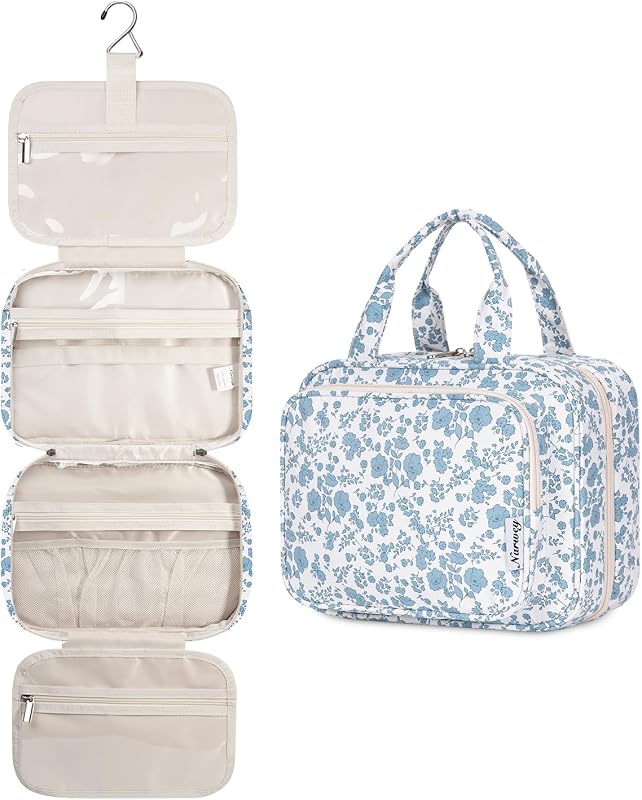 Narwey Large Hanging Travel Toiletry Bag for Women Wash Bag Cosmetics Makeup Bag Organizer for Full Size Accessories (Little Blue Flower (Large))