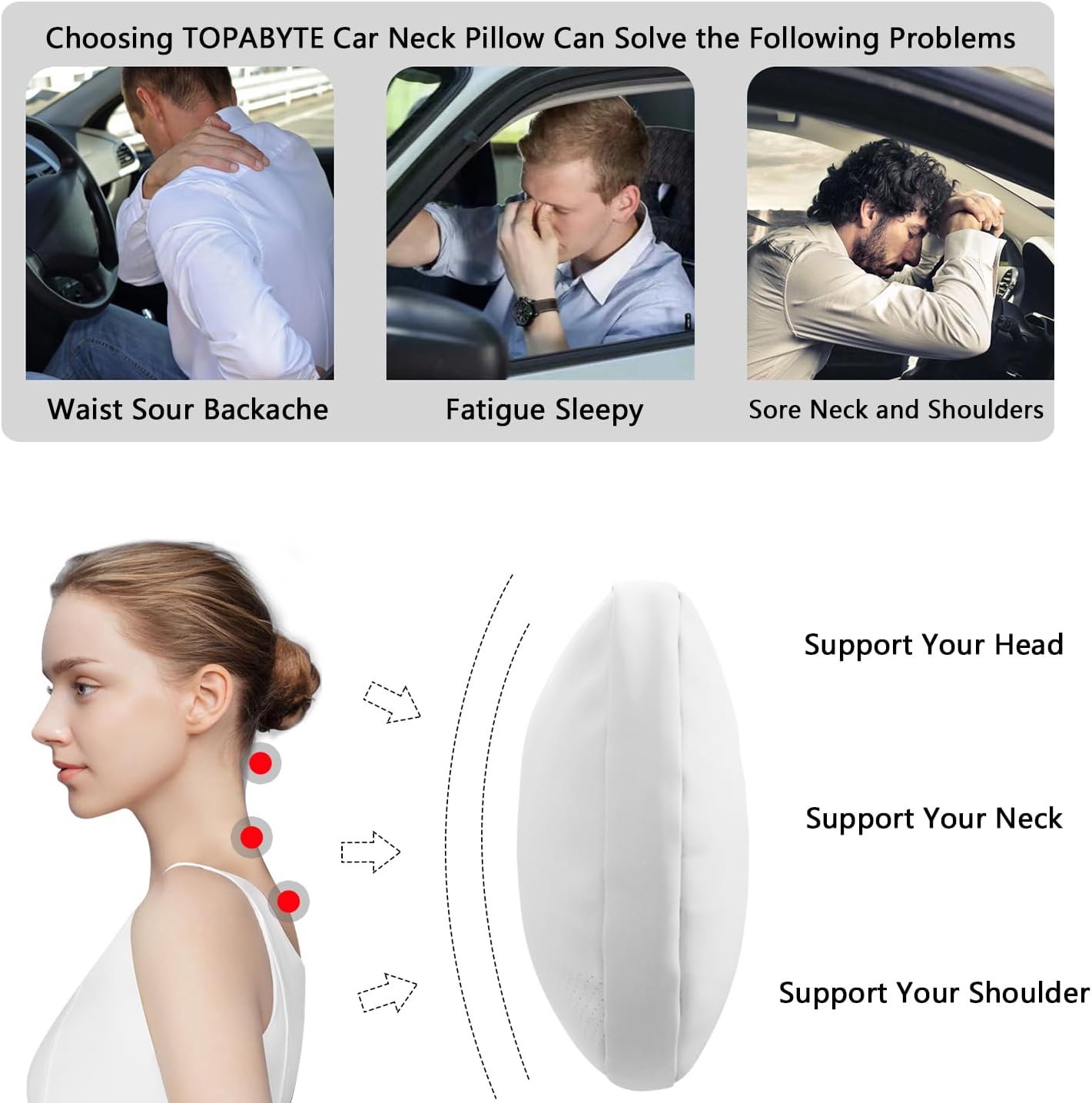 TOPABYTE Headrest Pillow Comfortable Neck Pillow Support Cushion for Tesla Model 3 Highland Model Y Model S Model X Cybertruck Adjustable Strap Soft Leather Pillow for Driving, 1 Pack, White