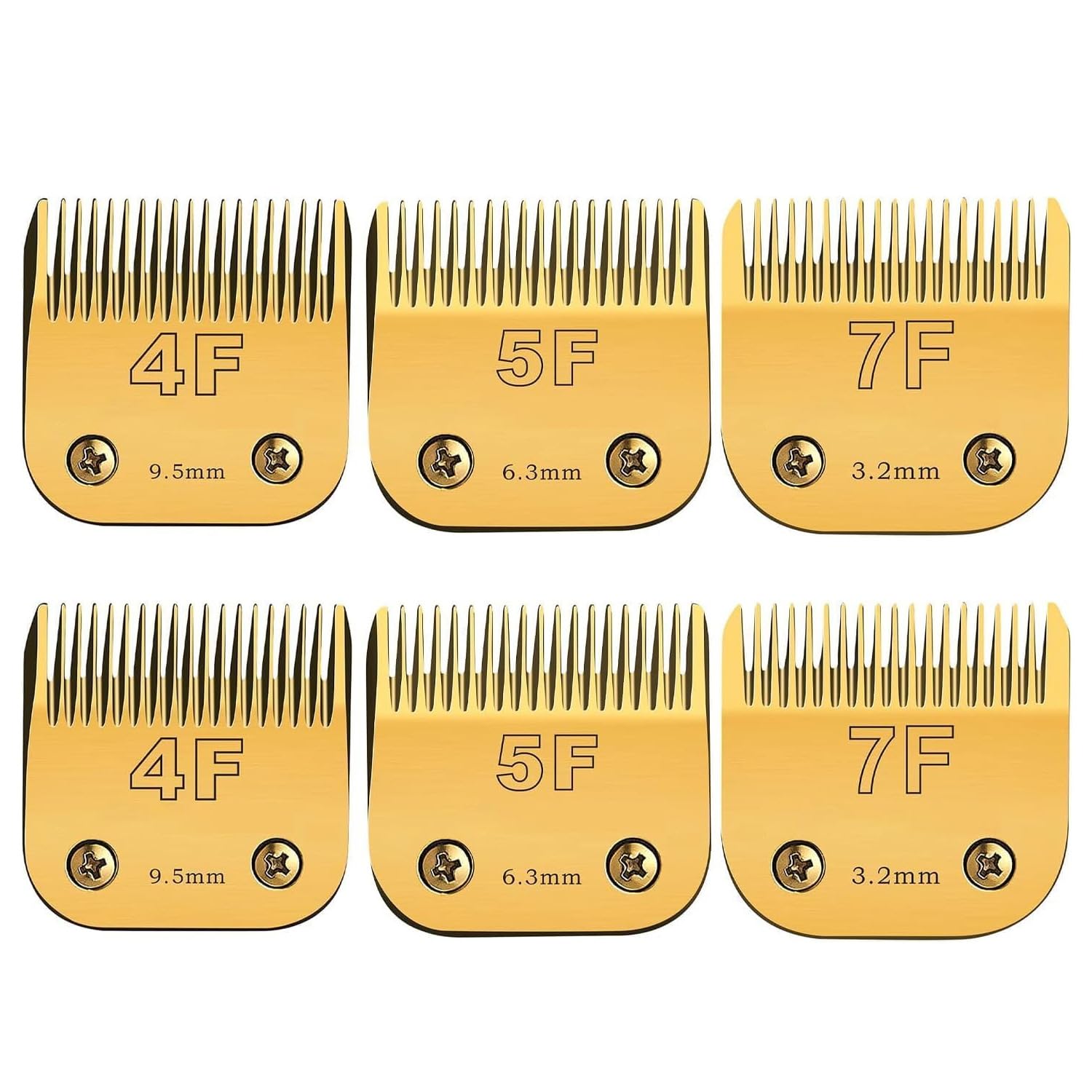 Size 7FC/5FC/4FC Detachable Pet Dog Grooming Clipper Blades Set,Compatible with Andis,Oster A5,Wahl KM Series Clippers,Cut Length 1/8"(3.2mm) to 3/8”(9.5mm),6 Pack-Gold