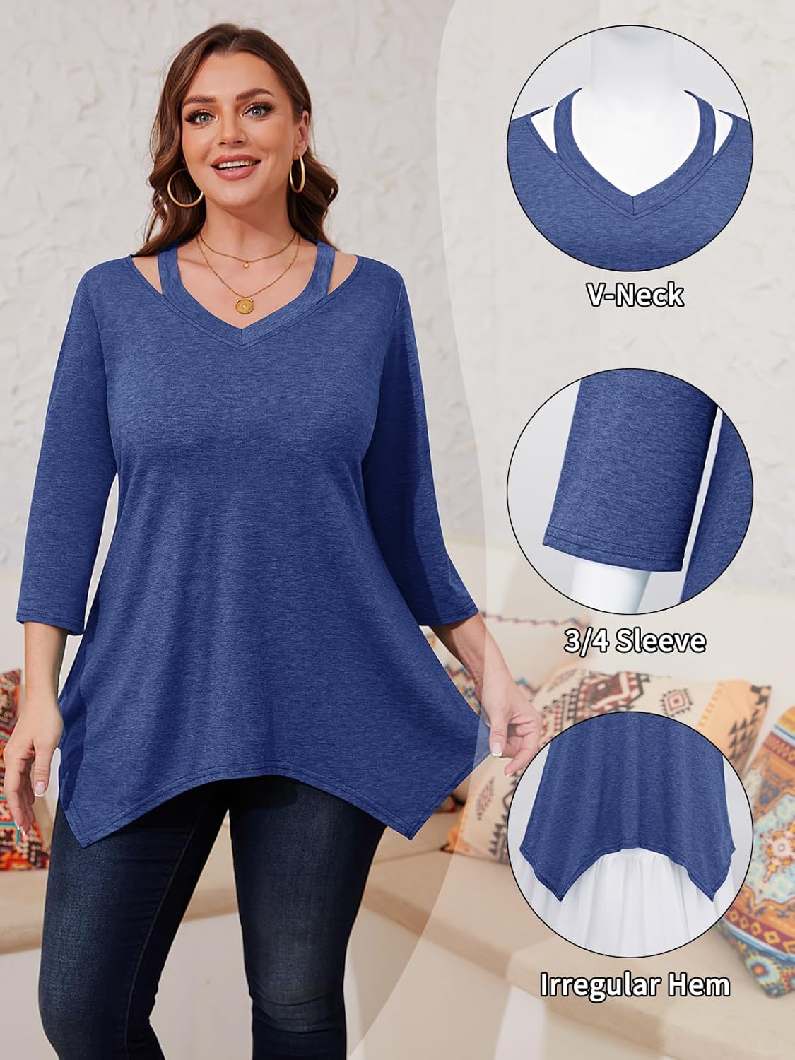 Amrto Plus Size Shirts for Women 3/4 Length Sleeve Tops Cotton Loose Fit Dressy Cut Out V Neck Tunic with Leggings(XL-5XL) - Image 5