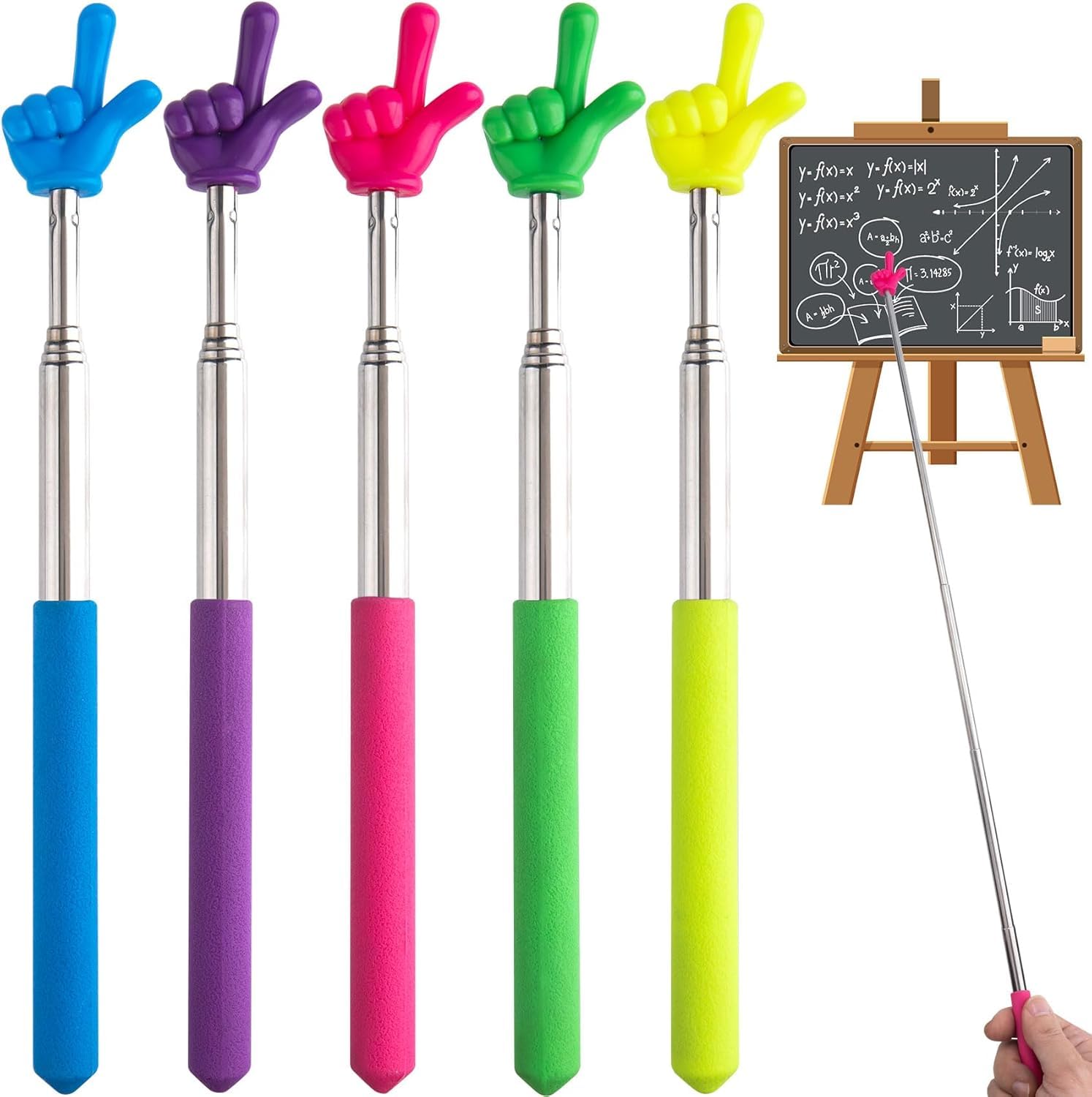 Beynant 5 Pcs Retractable Teacher Pointer Sticks, 5 Colors Hand Pointer Stick, Student Finger Pointing Sticks, Extendable School Supplies for Reading, Classroom (Blue+Purple+Yellow+Green+Pink)