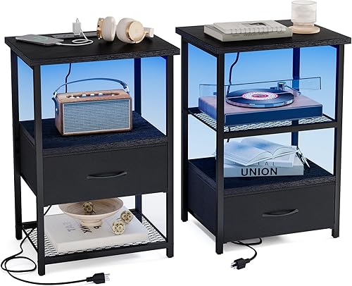 Miniatura 29 de Fixwal Mesita de noche con 3 cajones de tela, mesita de noche para dormitorio, mesita de noche con estación de carga, mesa auxiliar con Marrón