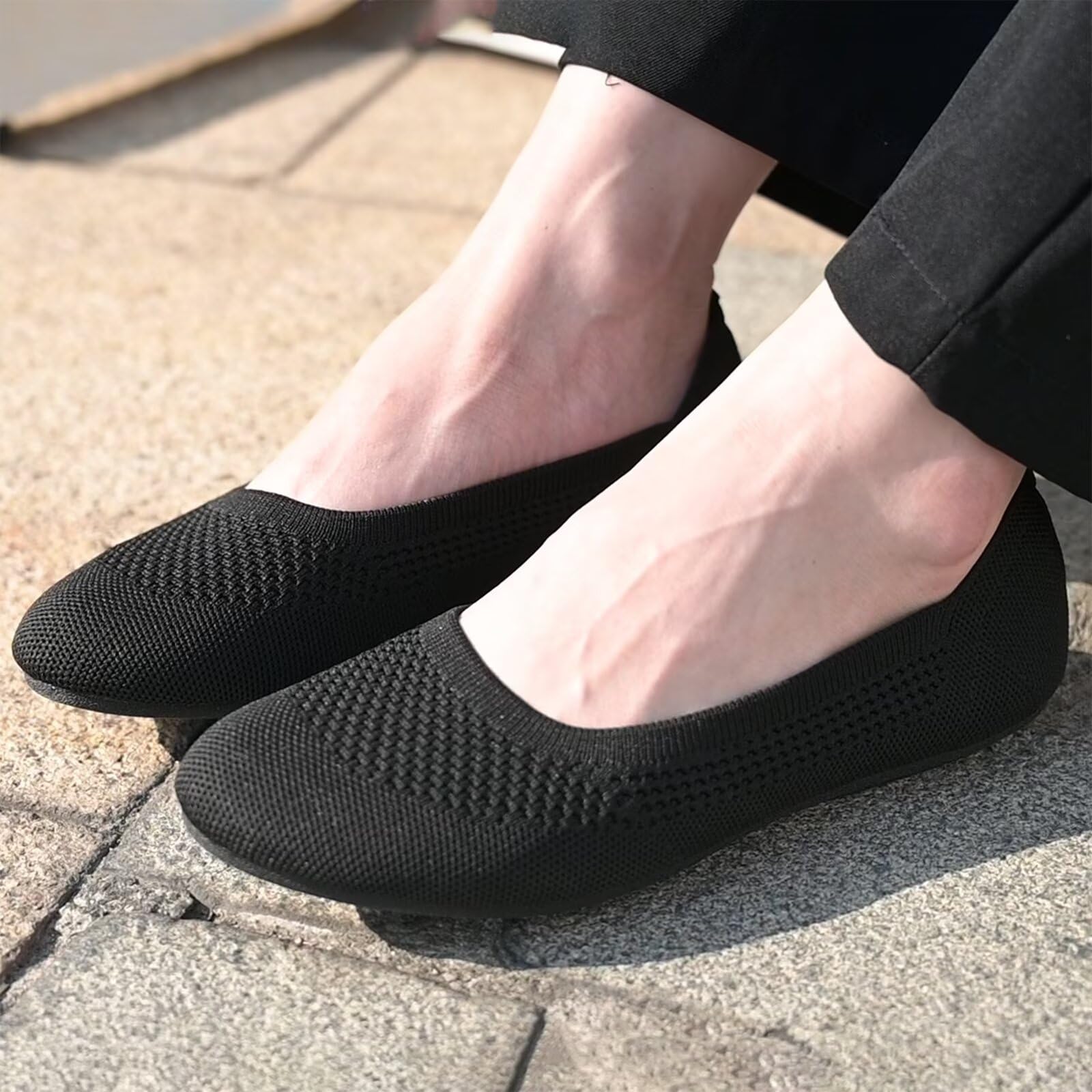Puxowe Ballerine Femme Rond Tricot Pointe Chaussures Plates Confort Cale Bas Slip on Walking Robe Chaussures pour Femmes Doux