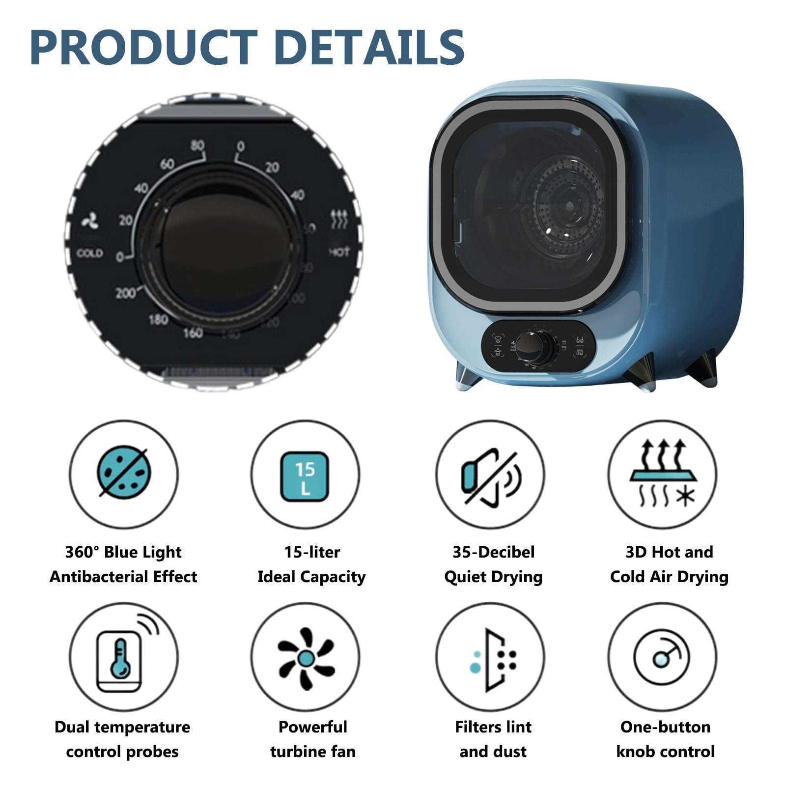 Capacidad De Carga Frontal, Secadora De Ropa PequeñA, para Uso sobre Encimer, CirculacióN De Aire Caliente Tridimensional De 360°, Temperatura Constante De 60℃ Blue-B