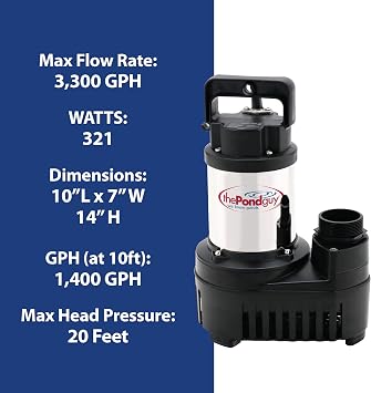The Pond Guy RapidFlo Submersible Outdoor Water Pump, Perfect for Ponds, Waterfalls, Streams, Hydroponics & Pondless Features, Easy Install, Energy Saving, Quiet, Powerful Flow, Asynchronous, 3000 GPH