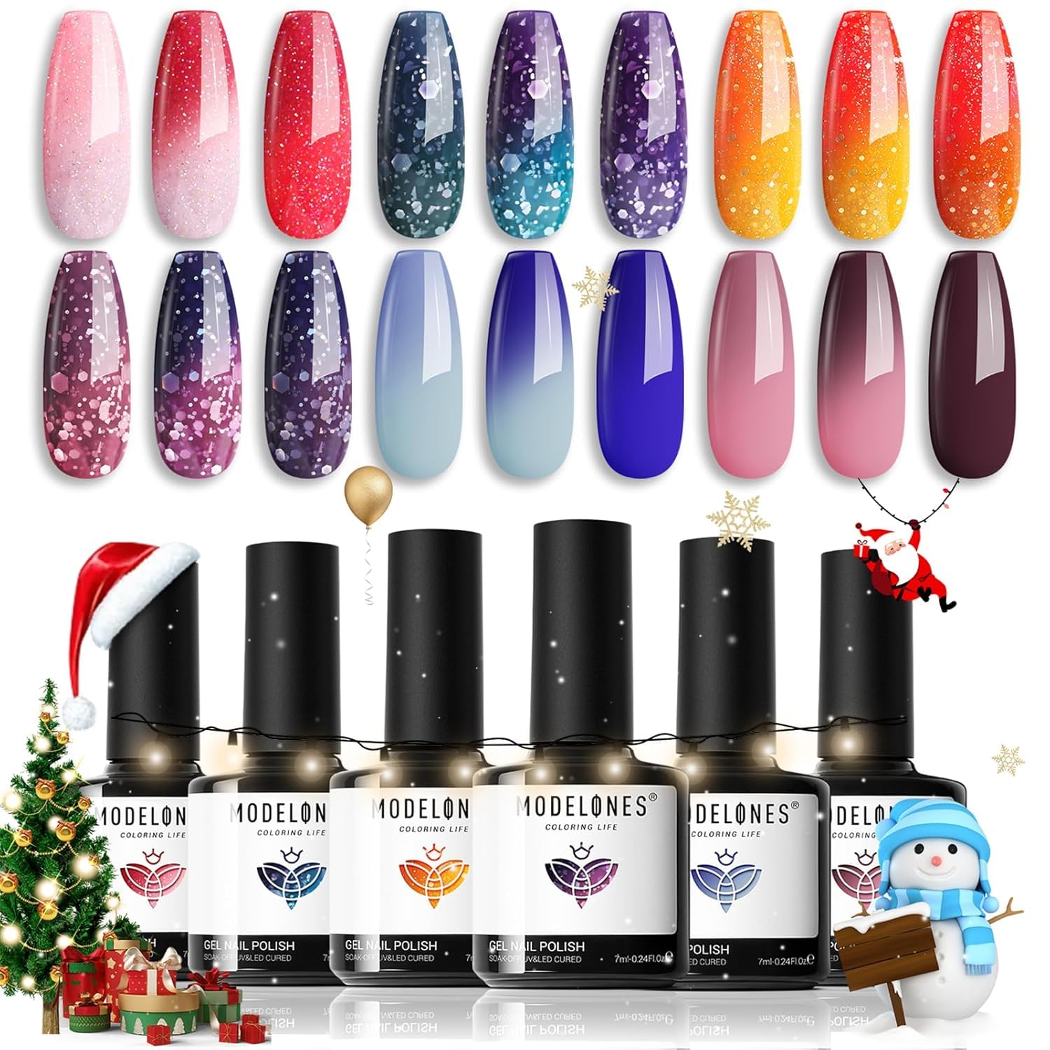 modelones Color Changing Gel Nail Polish Set, 6 Colors Red Pink Glitter Blue Purple Mood Temperature Change Nail Polish Gel Set Soak Off Nail Art DIY Salon Manicure Holiday Gift