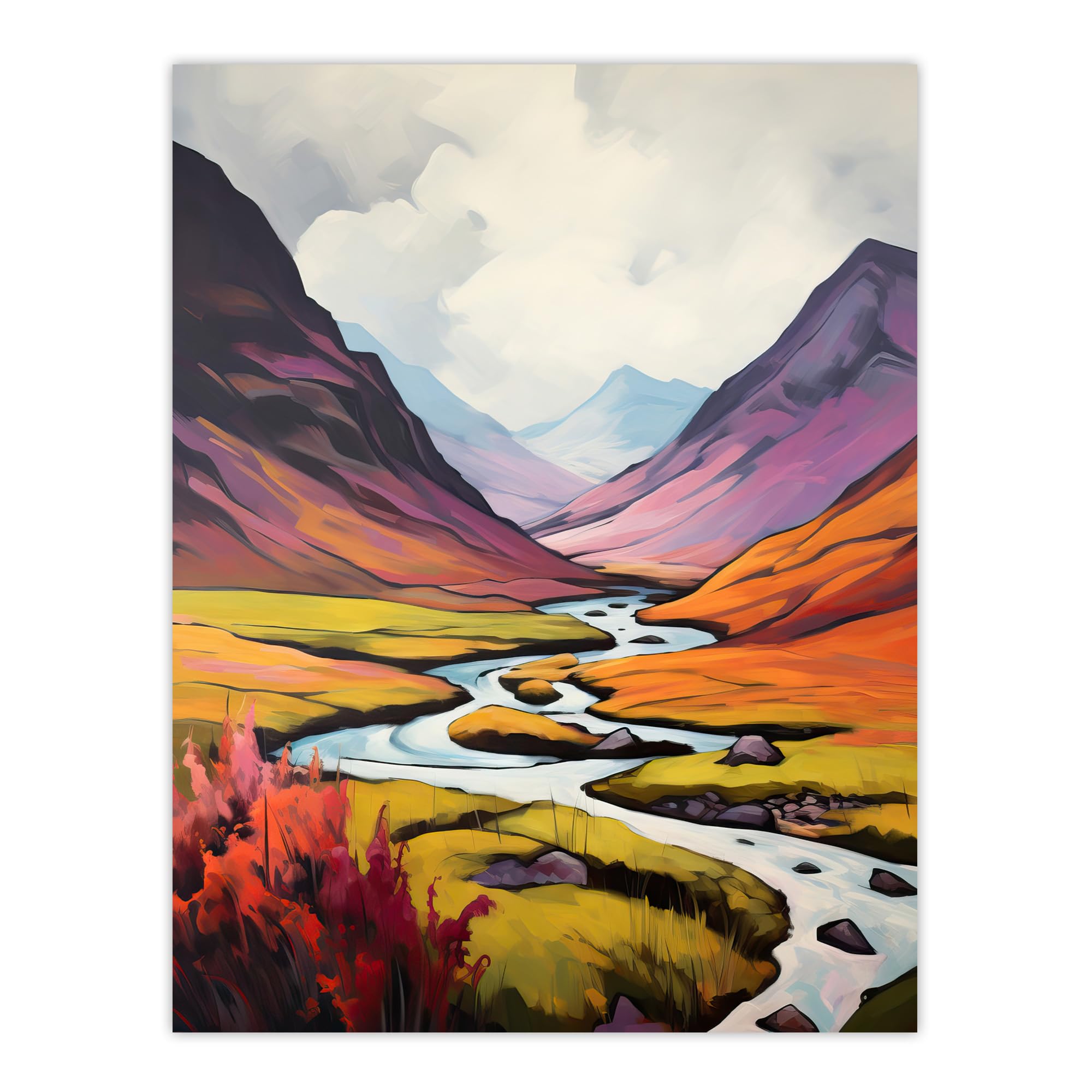 Artery8 Unframed 18X24" Scotland Glencoe Valley Oil Painting Majestic Mountains And River With Heather Shrubs Large Wall Art Poster Print Thick Paper 18X24 Inch