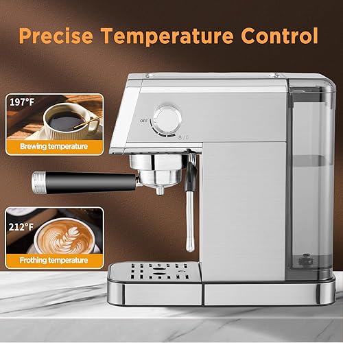 Miniatura 5 de Máquina de café expreso, 15 bar semiautomática con espumador de leche, cafetera compacta de acero inoxidable con tanque de agua extraíble de 40