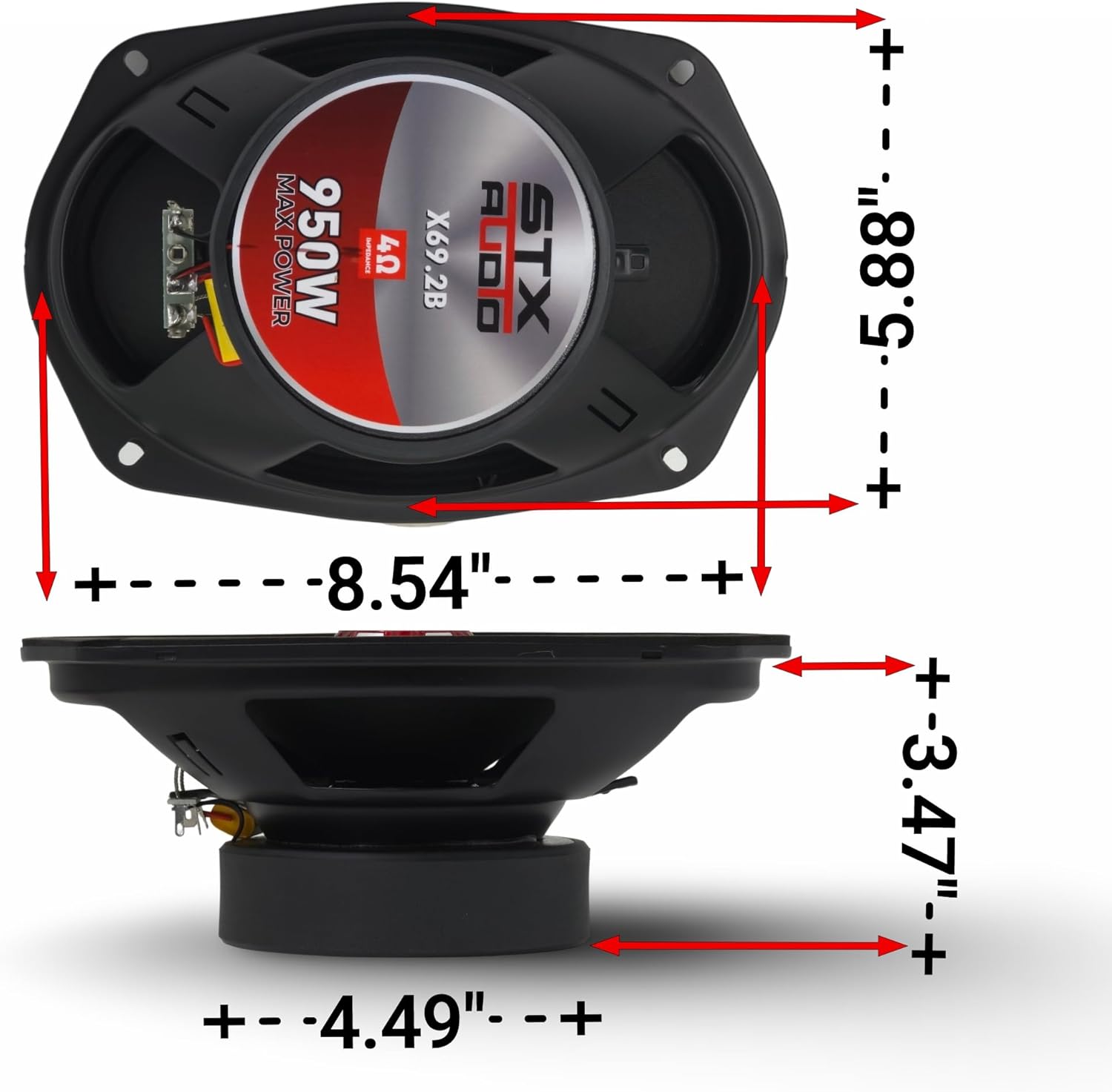 STX Audio X69.2R 6x9 Midrange Speaker, 950 Watts Max Power, 4 Ohm, 91 dB Sensitivity, High Capacitor, Black Press Paper Cone with Red Grills for Car Audio
