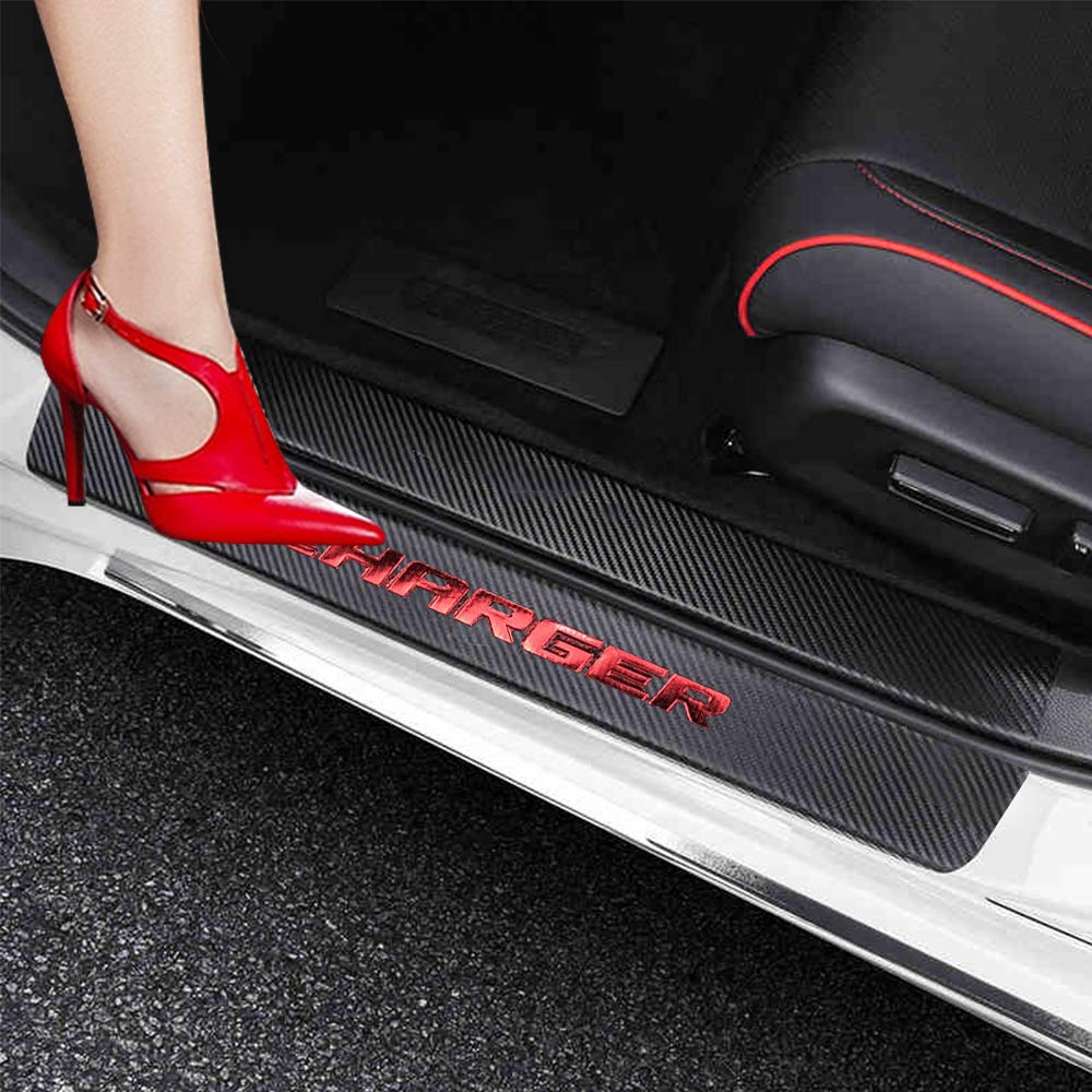 YOSRTER 4PCS Door Sill Guard Stickers For Dodge - Purple Trim, Carbon Fiber Leather Protector For Charger, Challenger, Durango