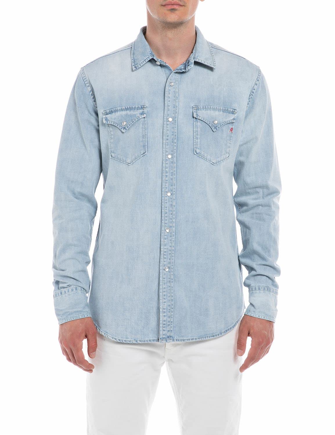 REPLAY Men's Long Sleeve Aged Cotton Denim Shirt, Light Blue 010 (Blue), XS