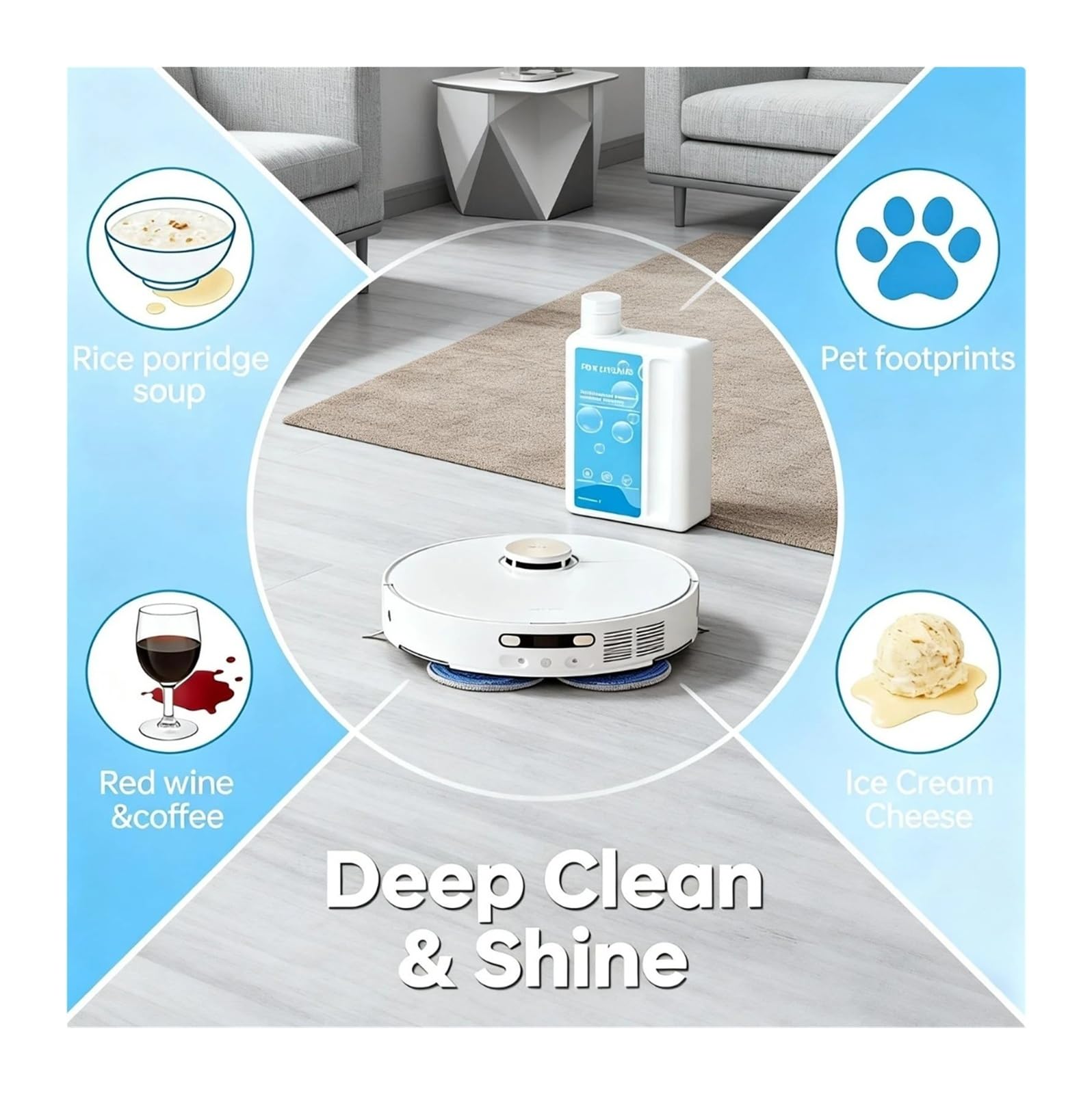 Compatible con aspiradoras robot MOVA, P10, P50 Pro Ultra, S10 Plus, solución limpiadora for pisos de madera, fórmula limpieza multisuperficie baja en espuma, paquete 3 botellas 1 litro