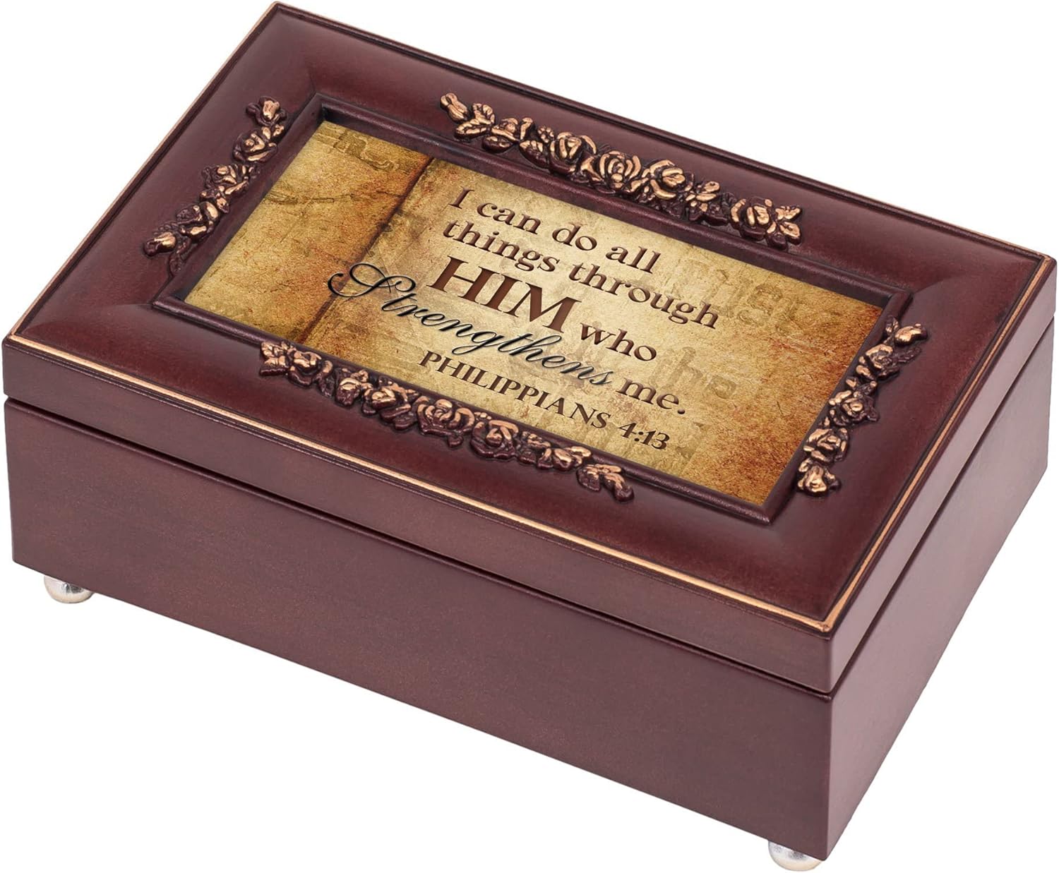 Cottage Garden All Things Through Him Embossed Petite Rosewood Jewelry Music Box Plays Canon in D