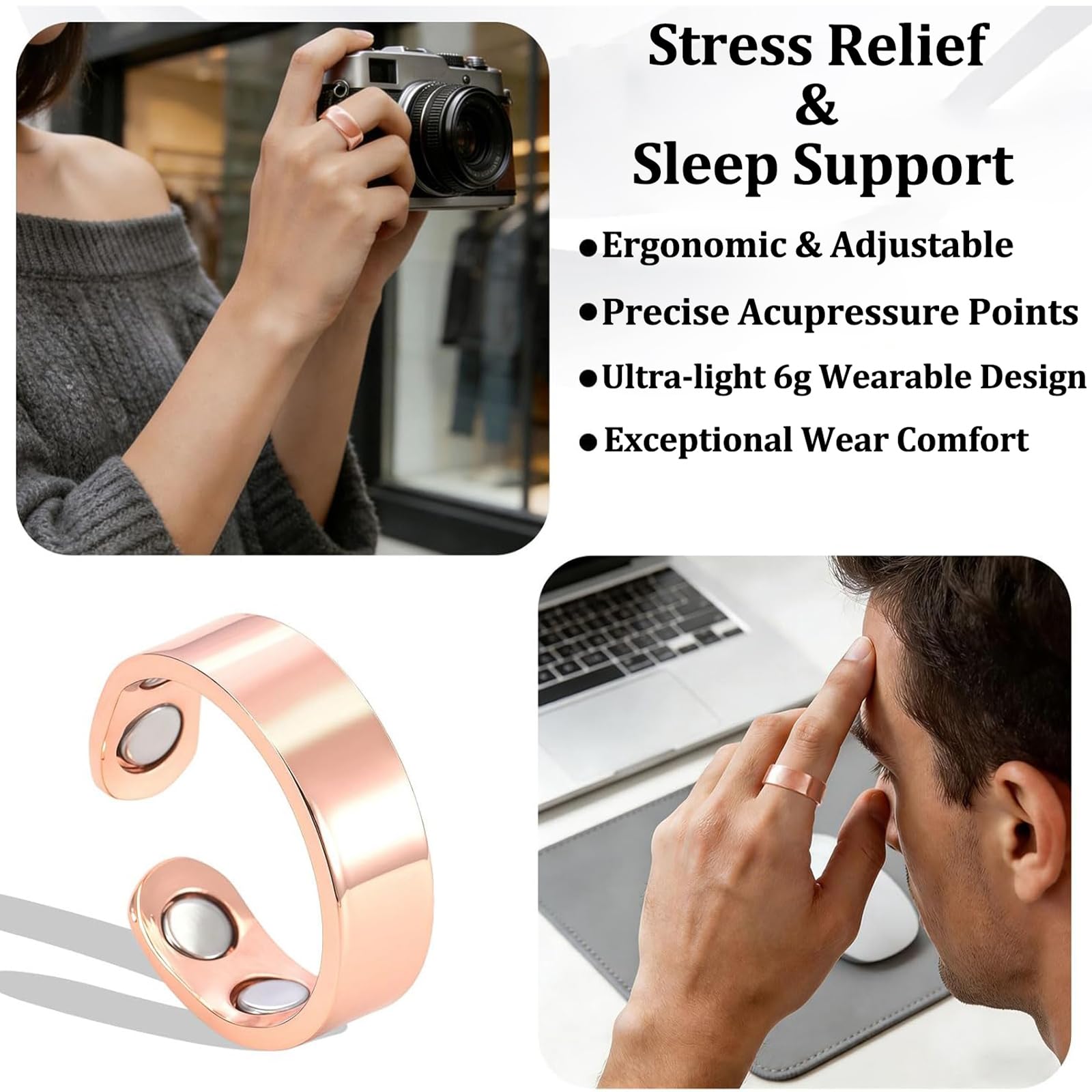 STOAT Magnetfeldtherapie Ring Bague de Magnétothérapie, Design Ouvert Ajustable, Hypoallergénique, Améliore Le Sommeil et Réduit Anxiété pour la Vitalité (Doré)