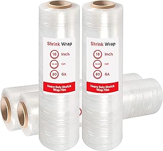 Shrink Wrap 4-Rolls Heavy Duty Stretch Wrap Film Industrial Strength Thick Clear Plastic Pallet Supplies Durable Self-Adhering, Packing, Moving, 18" x 97.20 SQM 80 Gauge (20 Micron)