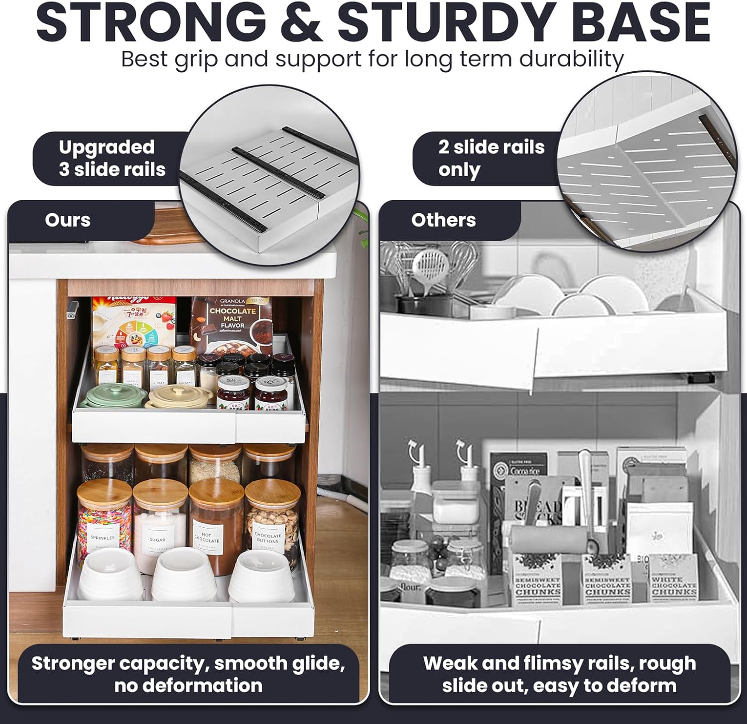 Pull Out Cabinet Organizer – Adjustable Sliding Shelf Inserts for Cabinets - Expandable Shelf Organizer from 12.6" to 20.5" – No Drill or Screw Install (White, 2 pack)