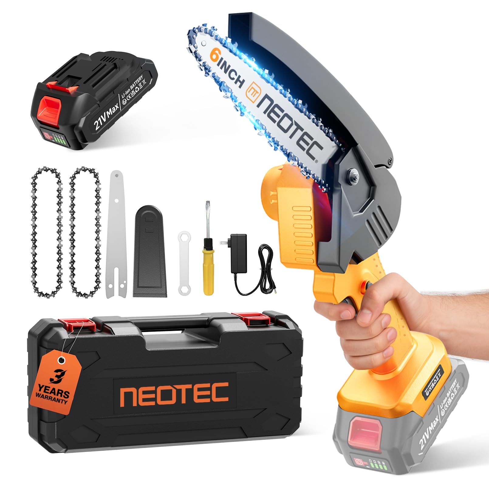 Mini Chainsaw Cordless 6-inch, NEOTEC Handheld Electric Chainsaw with 2000mAh Battery, Battery Powered Chain Saw for Tree Trimming Wood Cutting, Mini