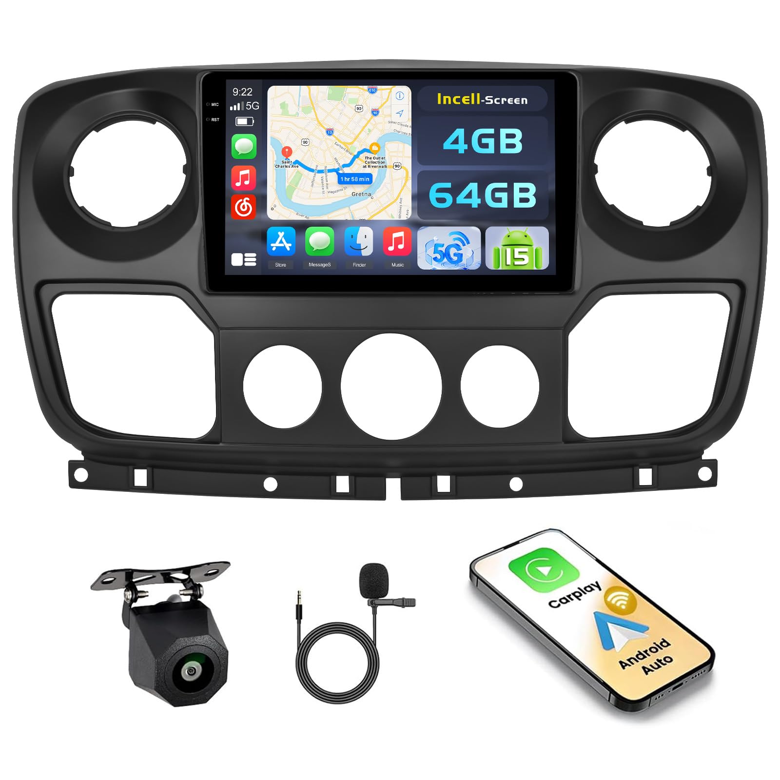Hikity Android 15 4+64GB Autoradio Carplay pour Renault Master/Opel Movano/Nissan Interstar 2010 Aves 10" Écran Tactile Incell, Auto Radio Aves sans Fil Carplay Android Auto, BT/WiFi/FM/RDS+CAM+MIC