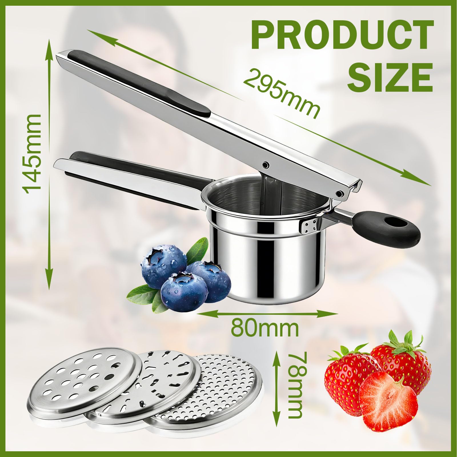 Exprimidor de Patatas Acero Inoxidable + 3 Discos y Mangos de Antideslizantes para Puré de Verduras Zumos de Frutas