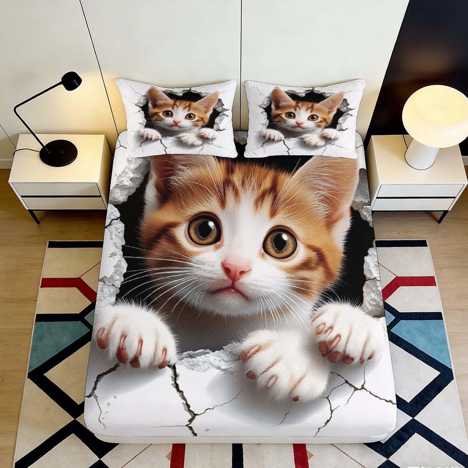 Pnayamiorkfel Style-9 3D Printed Cute Orange Tabby Cat Fitted Sheet Microfiber Soft Cartoon Kitten Bed Cover For Bedroom Guest Room Decor 90X200x25cm