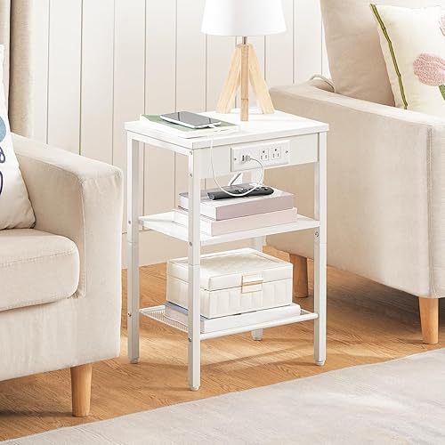 Miniatura 14 de HOOBRO Mesa auxiliar con estación de carga y puertos USB, mesita de noche de 3 niveles con estantes ajustables, mesa auxiliar pequeña para espacio