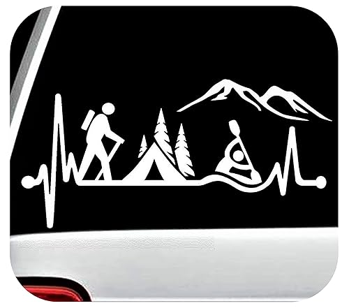 Hiker Guy Camping Tent Kayak Heartbeat Decal Sticker for Car Window 8.0 Inch BG 486