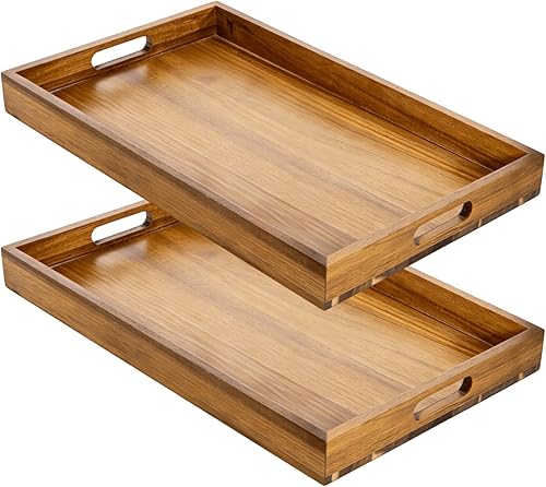 YOUEON Paquete de 2 bandejas de madera de acacia de 17 x 12 pulgadas con asas, bandeja grande de madera para otomana, desayuno en la cama, cena,