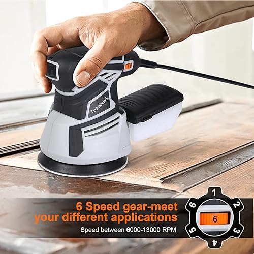 Miniatura 5 de 26A Random Orbital SanderTowallmark 350W Orbital Sander with 6 Variable Speed13000RPM Electric Sander with 12Pcs Sandpapers1 Pcs Dust BoxSander for