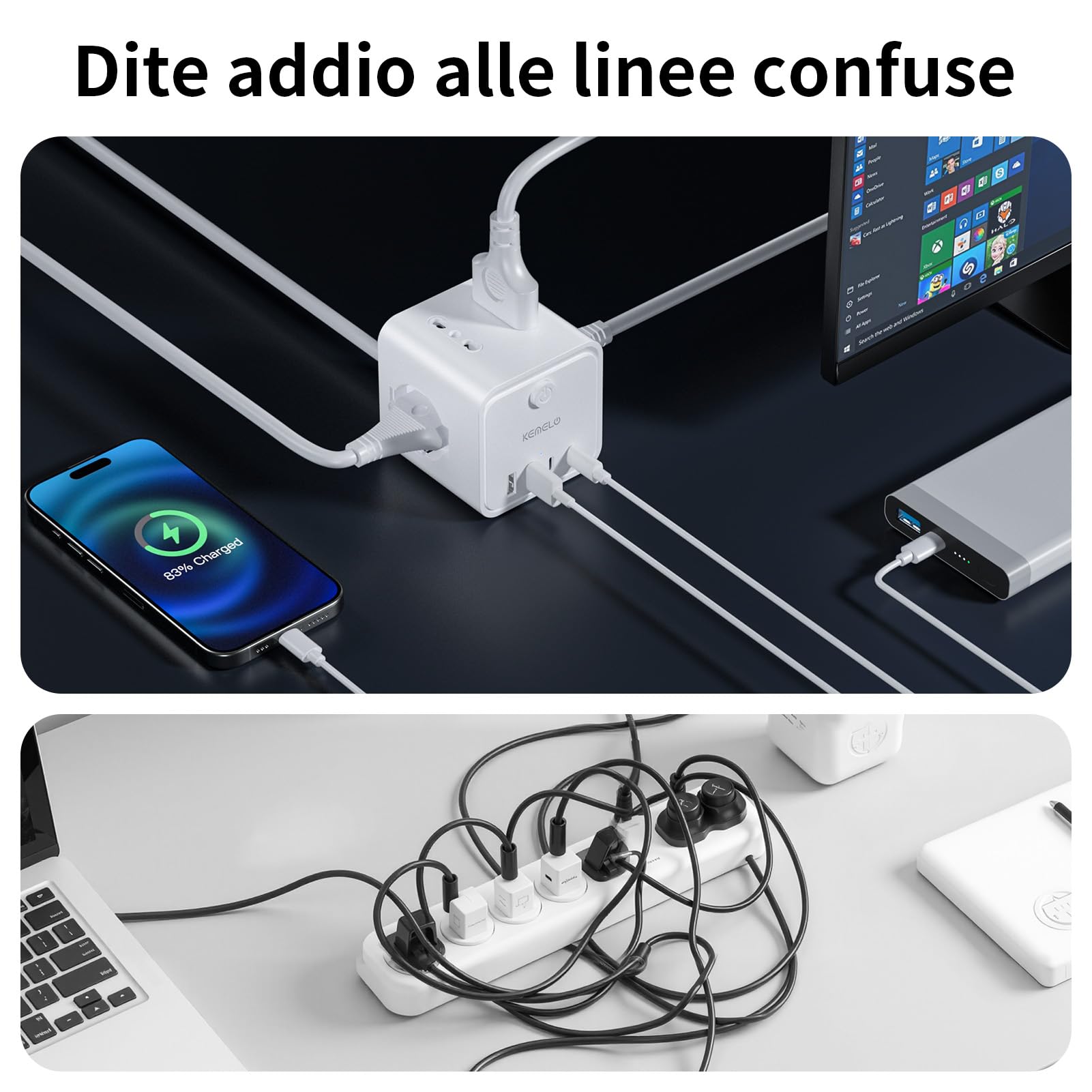 Ciabatta Elettrica Multipresa con 4 Prese Universali 10/16A ITA e Schuko, 2 M Prolunga Elettrica con 2 USB A+2 USB C,Presa Multipla Spina Piatta Salvaspazio con Interruttori per Casa, Ufficio Nero