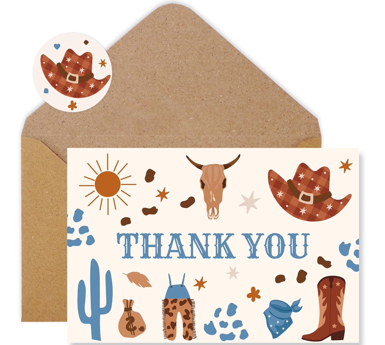Whaline 24 Pack Western Cowboy Thank You Cards with Envelopes and Stickers Blue Cowboy Hat Boots Cactus Greeting Cards Blank Note Cards for Party