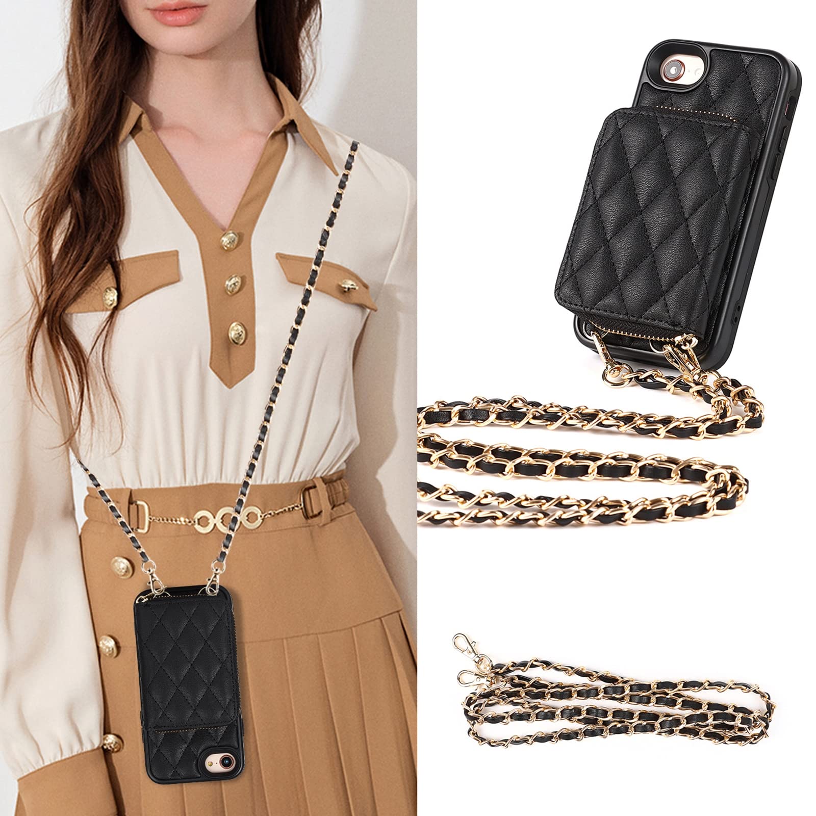Hülle für iPhone SE 2022/SE 2020/8/7, PU Leder Magnetisch Schutzhülle Crossbody Phone Tasche mit Abnehmbarer Einzigartiger Kleiner Geldbörse für iPhone 7/8/SE2/SE 3,Schwarz