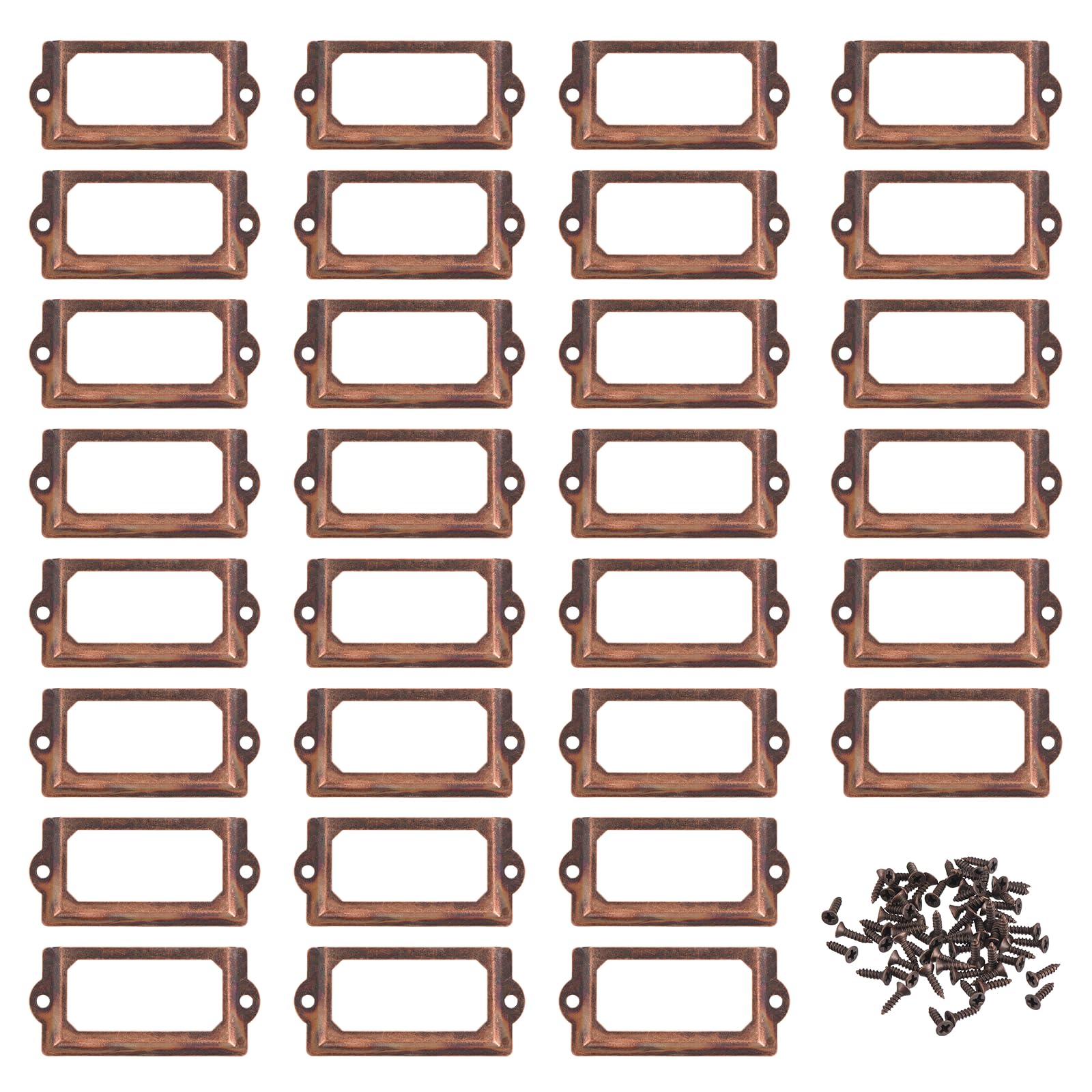 sourcing map 30Pcs Metal Label Holders Set, (2.76" x 1.3") - Decorative Cabinet Label Frame Name Vintage Card Holder with Screws for Drawers Shelves Cabinet, Coppery