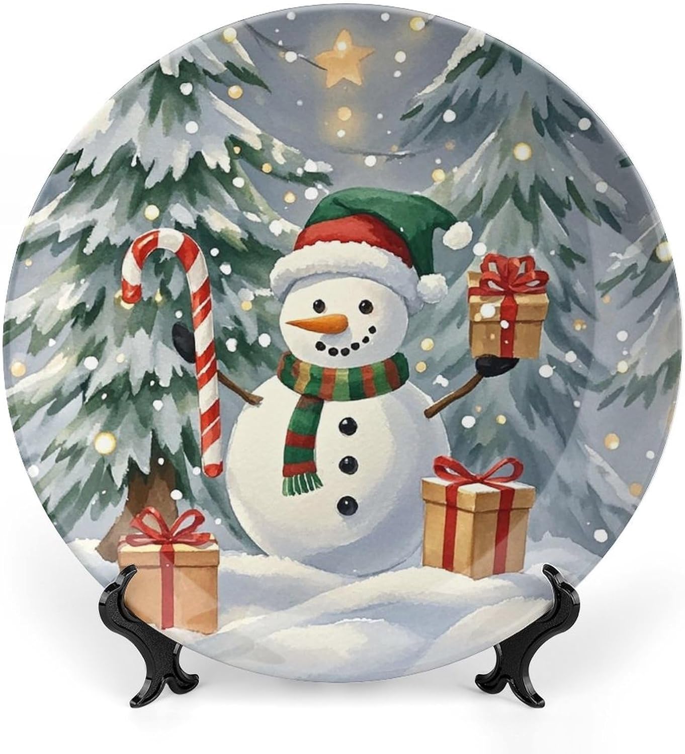 Snowman Giving Gifts Bone China Decorative Plate with Display Stand, Ceramic Ornaments Plate for Wall Hanging, Personalized Porcelain Plates for Office, Living Room 8inch