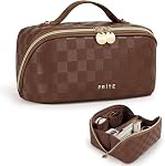 Prite Makeup Bag for Women Travel Waterproof Vegan Leather Cosmetic Bag Open Flat Toiletry Bag with Clear Divider and Handle (Beige) | Clear Divider, 2 Compartments, Waterproof, Vegan Leather, Elastic Slot, Handle, Lightweight, Large Capacity, Easy C