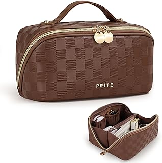 Prite Makeup Bag for Women Travel Waterproof Vegan Leather Cosmetic Bag Open Flat Toiletry Bag With Clear Divider and Handle (Plaid Brown) Global Recycled Standard Global Recycled Standard Global Recycled Standard