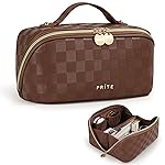 Prite Makeup Bag for Women Travel Waterproof Vegan Leather Cosmetic Bag Open Flat Toiletry Bag With Clear Divider and Handle (Plaid Brown)