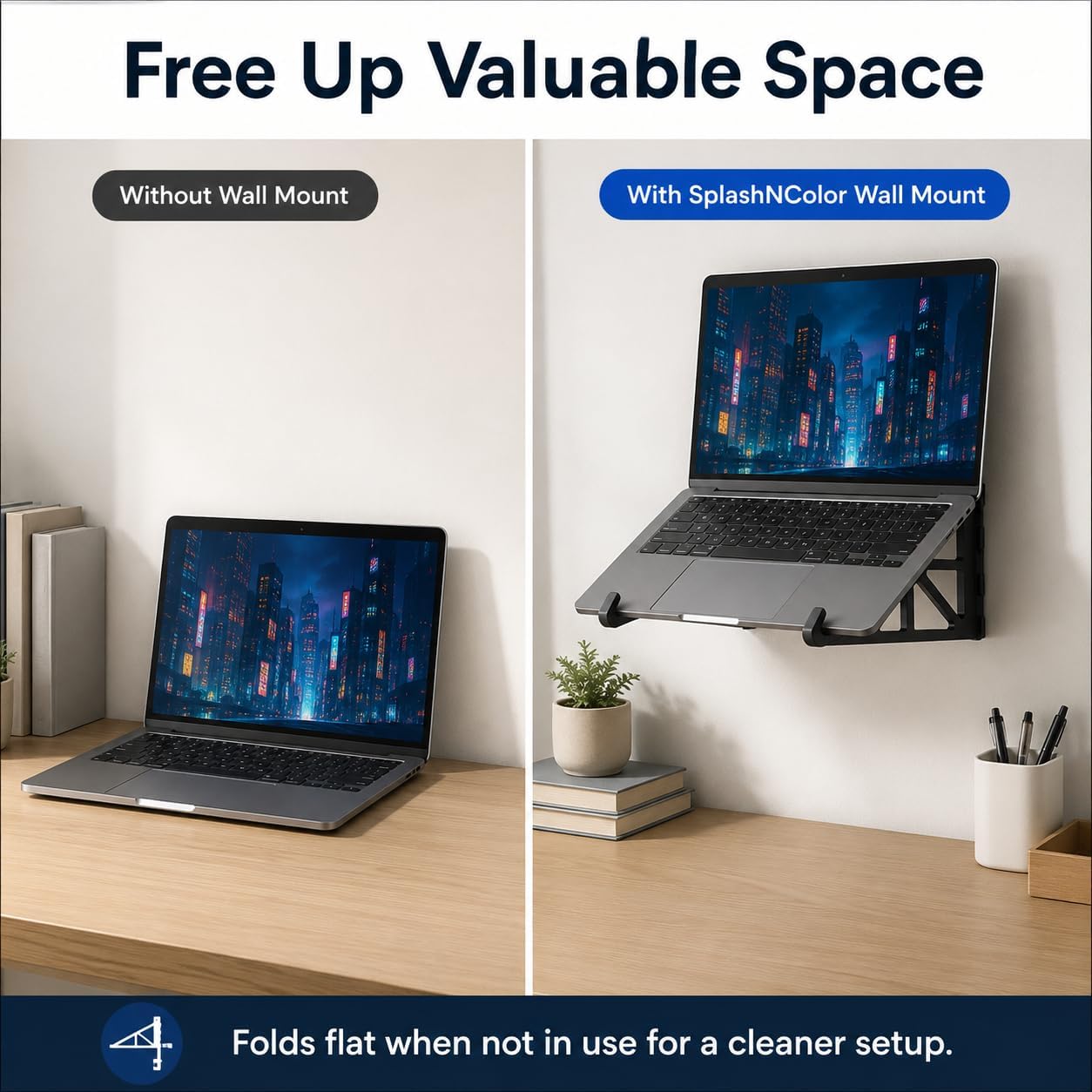 Laptop Wall Mount Foldable – Space-Saving Desk Alternative for Home Office | Friction Fit Holder Keeps Notebook Secure | Fold Flat When Not in Use | Sturdy Screw-in Bracket