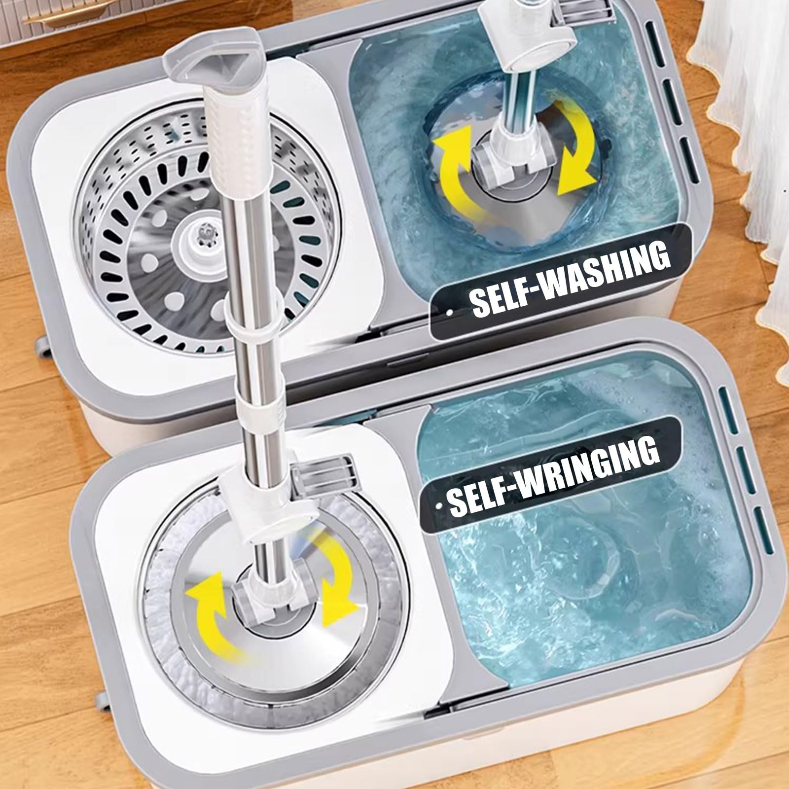 Juego de fregona giratoria y Cubo con escurridor, Trapeador de Polvo húmedo Giratorio 360, Mango extendido de Acero Inoxidable de 53,5" para Limpieza de Pisos/Paredes,7 Microfiber Mop Pads