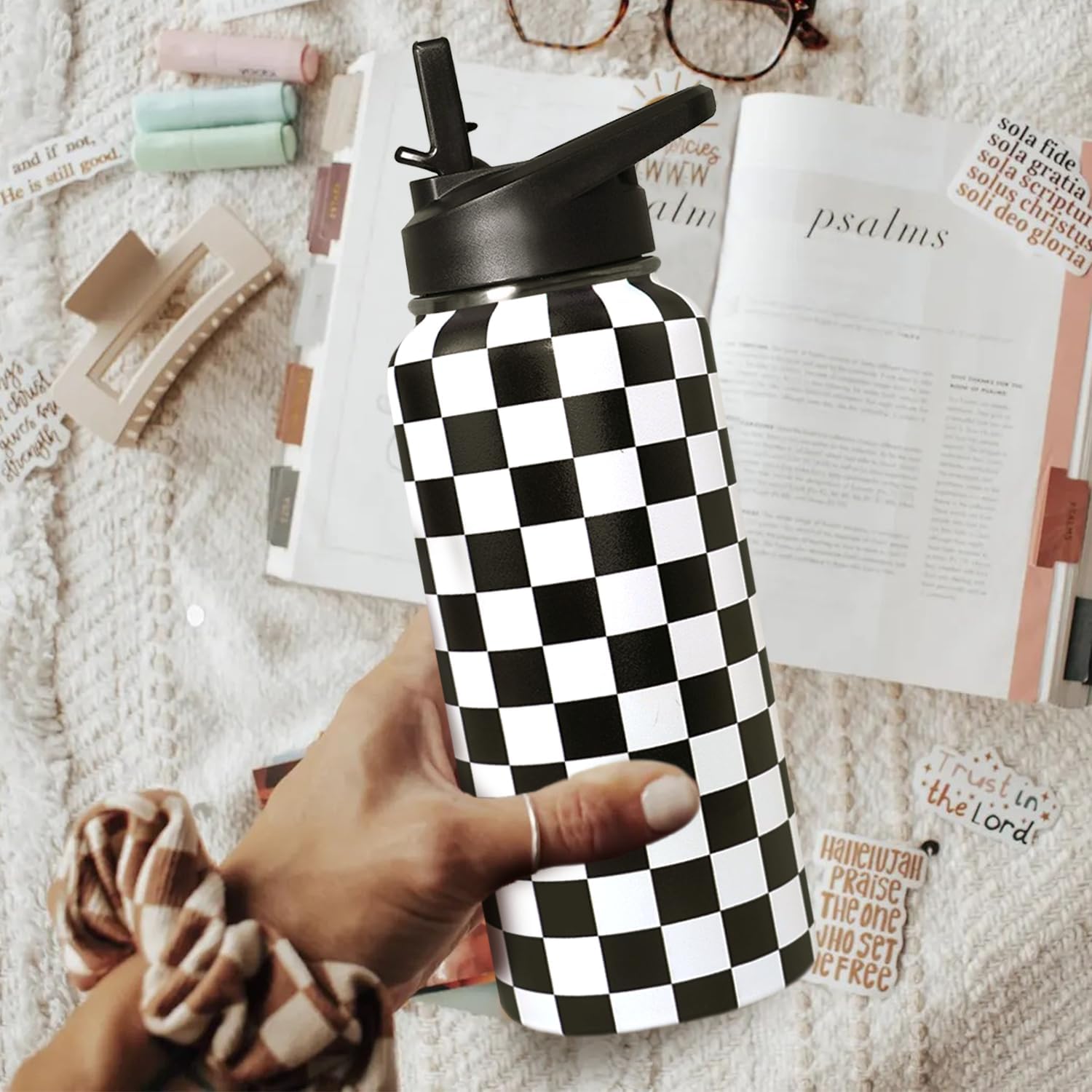 32oz Checkered Stainless Insulated Aater Water Bottle with Straw,Checkered Gym Hiking Sports Coffee Mug Cup Water Bottles,Checkered Gifts for Women,Checkered Decor Stuff Accessories - Image 5