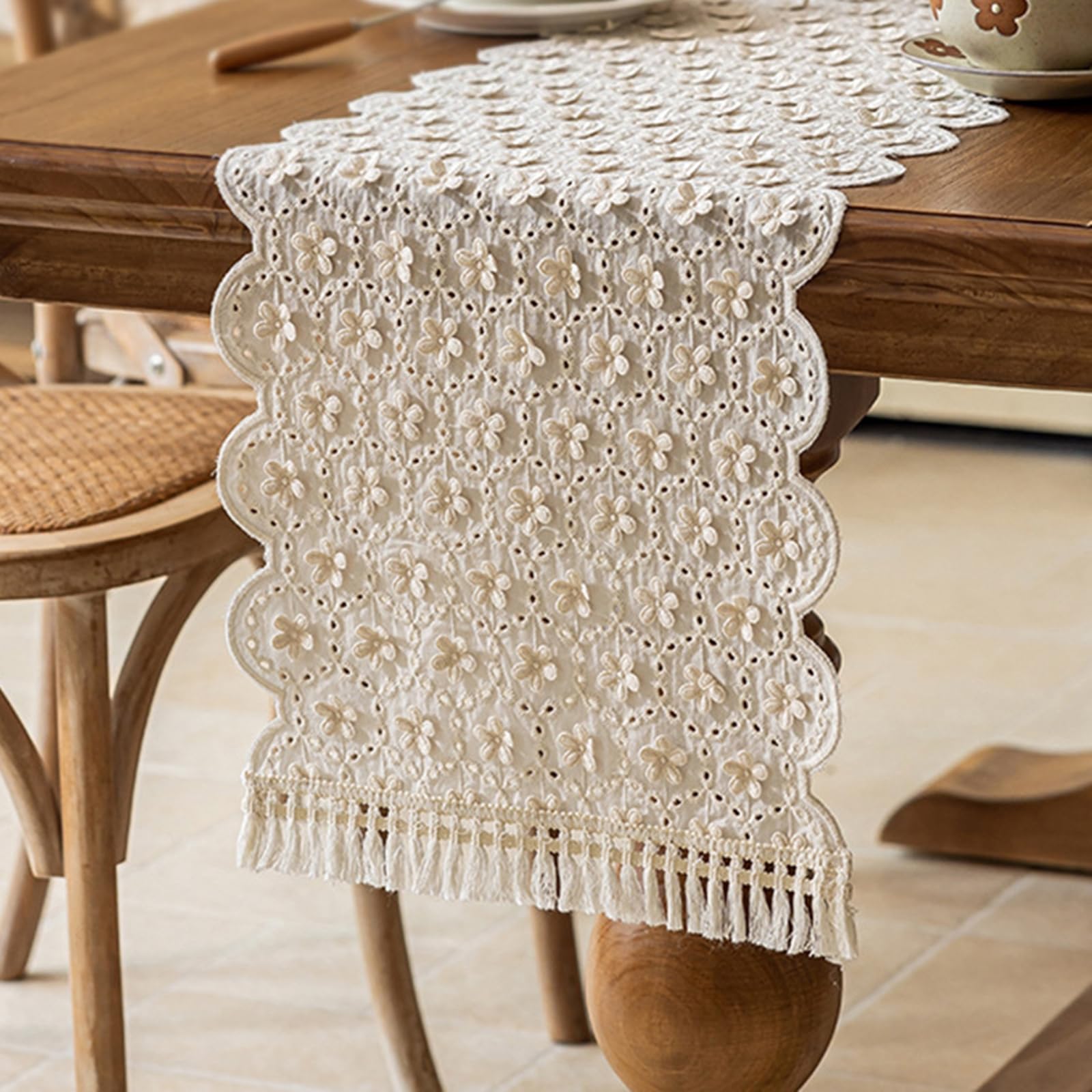 Runner da Tavolo Cotone 33x160 cm, Runner da Tavola Moderno Lavabile Motivo Fiori 3D A Cerchi Vuoti con Nappe Decorazioni Matrimonio Tavoli per Cucina, Beige Bianco