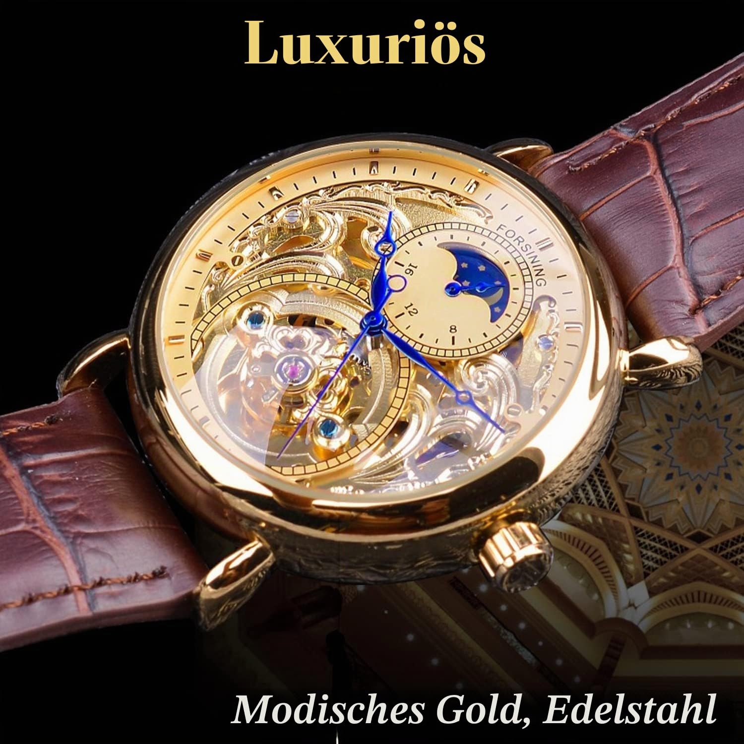 FORSINING Luxus-Herrenuhr mit Mondphase und Wirbel, Retro-Skelett, hohl, automatisches Aufziehen, Lederarmband, Automatikwerk