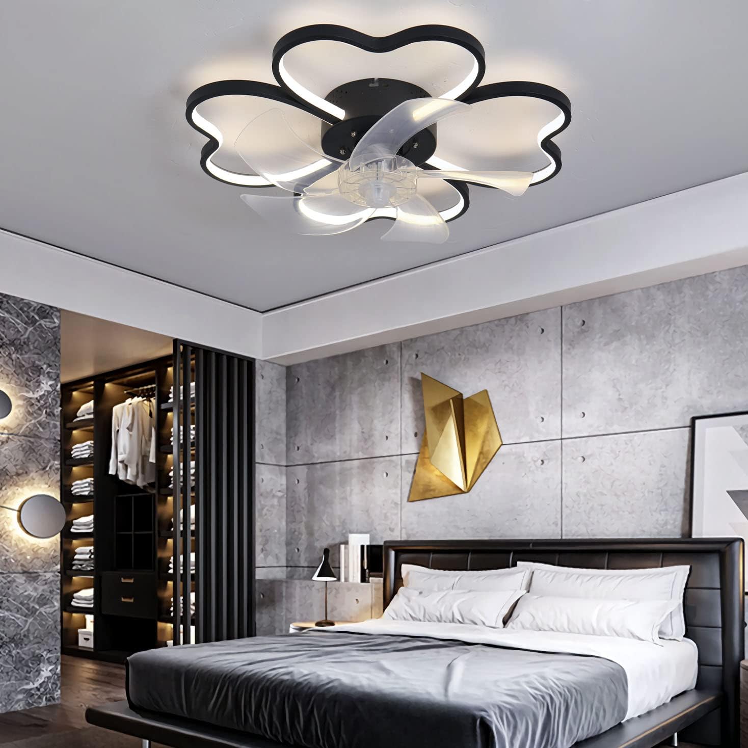 YUEGOO Ceiling Fans with Lamps,Silent Flower Chandelier with Fan Creative Design for Living Room Bedroom Ceiling Fan with Light and Remote Control/Black/a