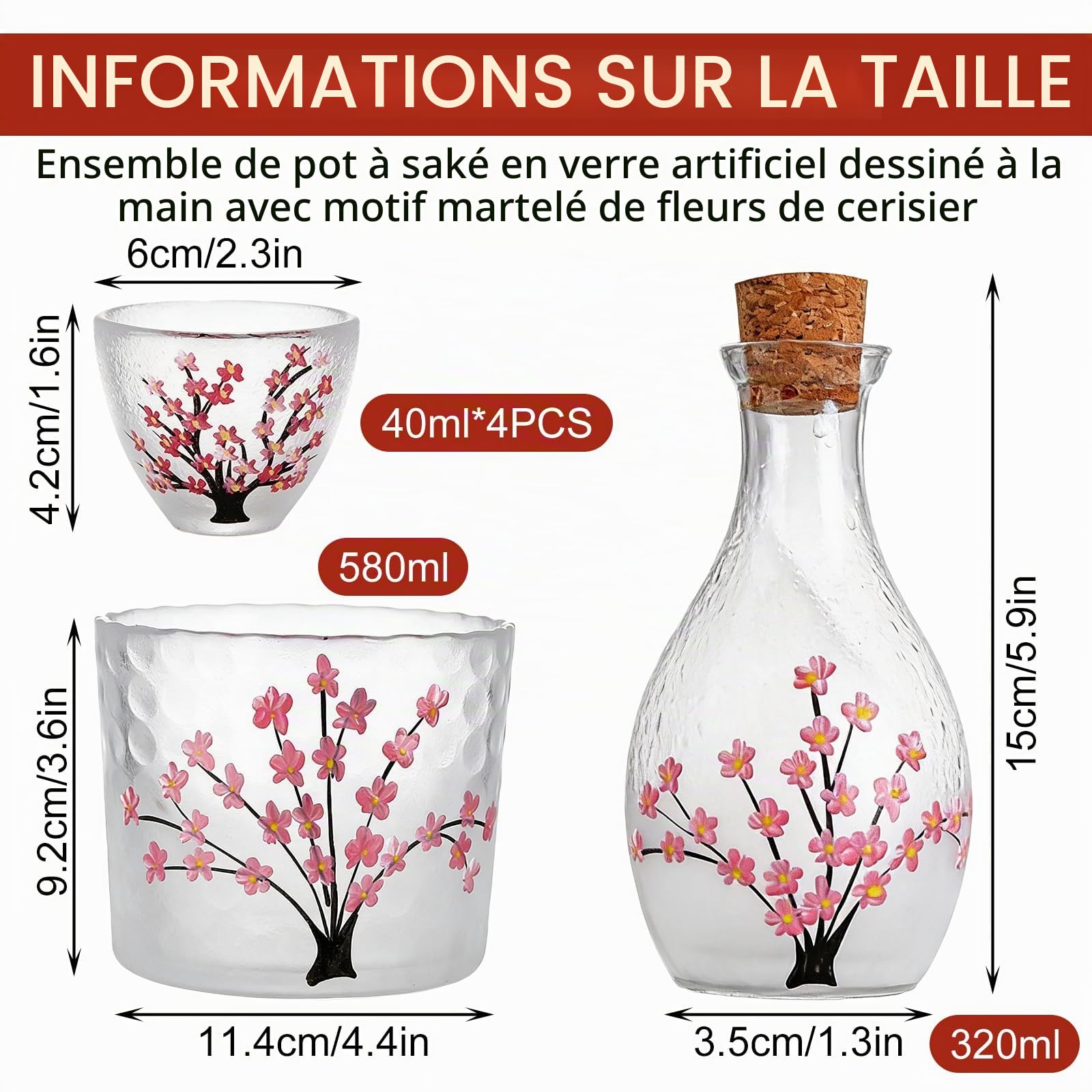Nimblyne Lot de 6 sakés japonais : 1 bouteille de saké, 1 récipient à saké et 4 gobelets à saké en verre fait à la main avec des fleurs de cerisier rose